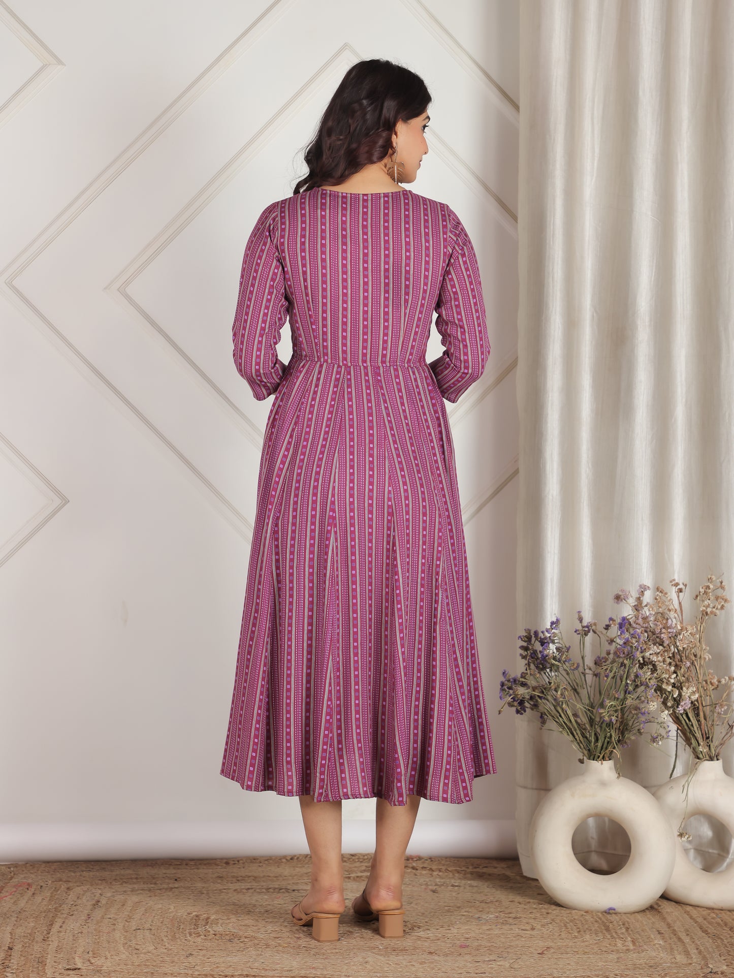 Embroidered Viscose Striped Angrakha Purple Dress