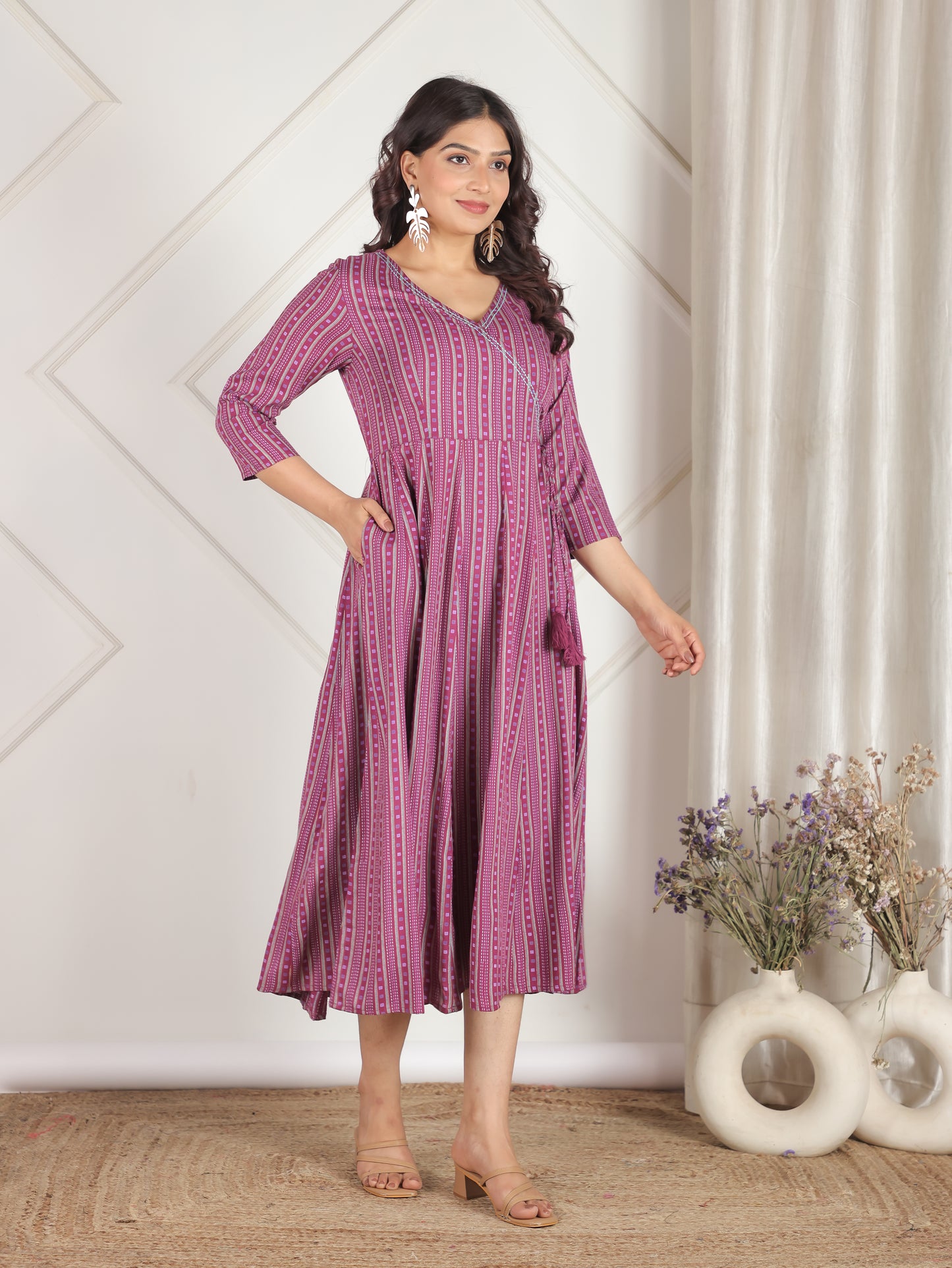 Embroidered Viscose Striped Angrakha Purple Dress