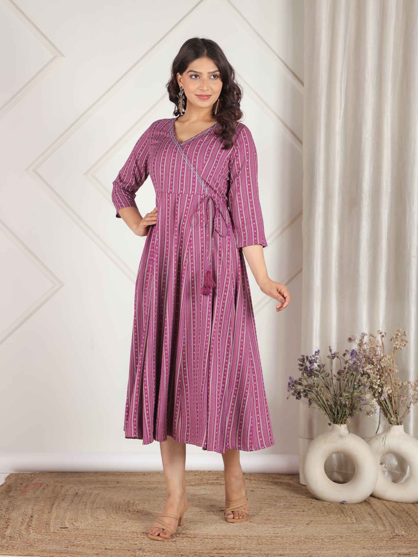 Embroidered Viscose Striped Angrakha Purple Dress