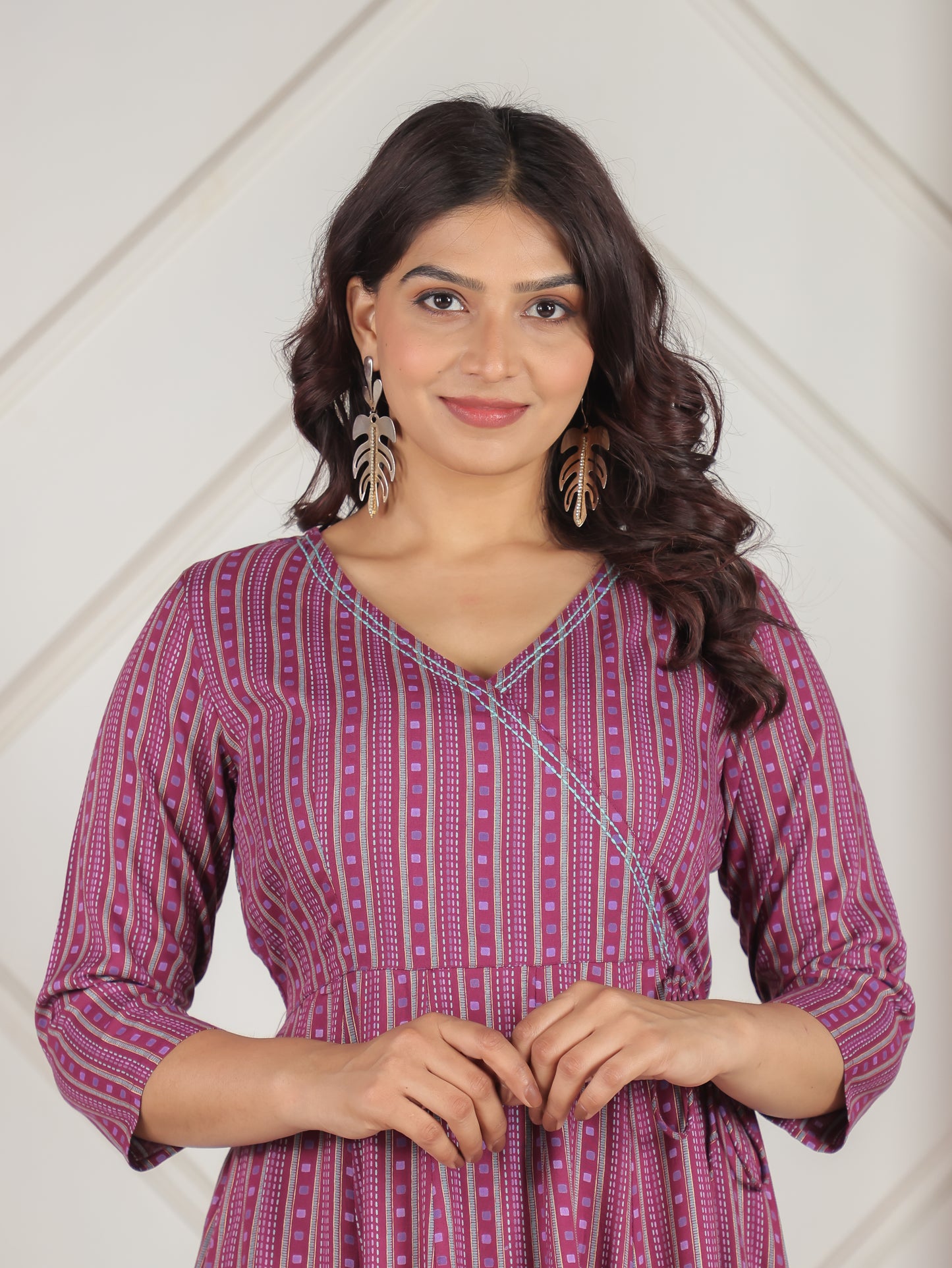 Embroidered Viscose Striped Angrakha Purple Dress