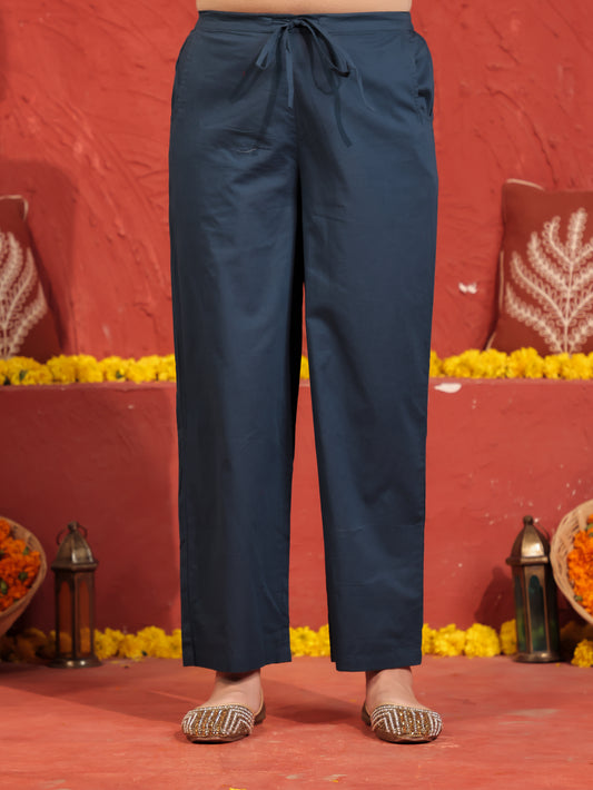 Soft Cotton Solid Blue Straight Trousers