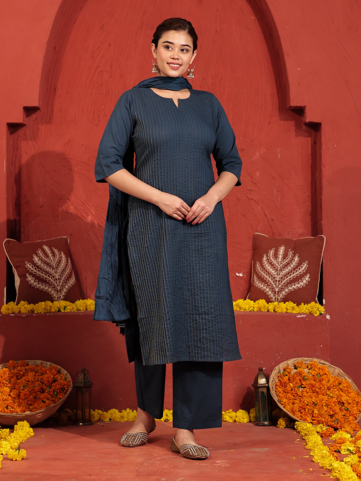Soft Cotton Solid Straight Blue Kurta