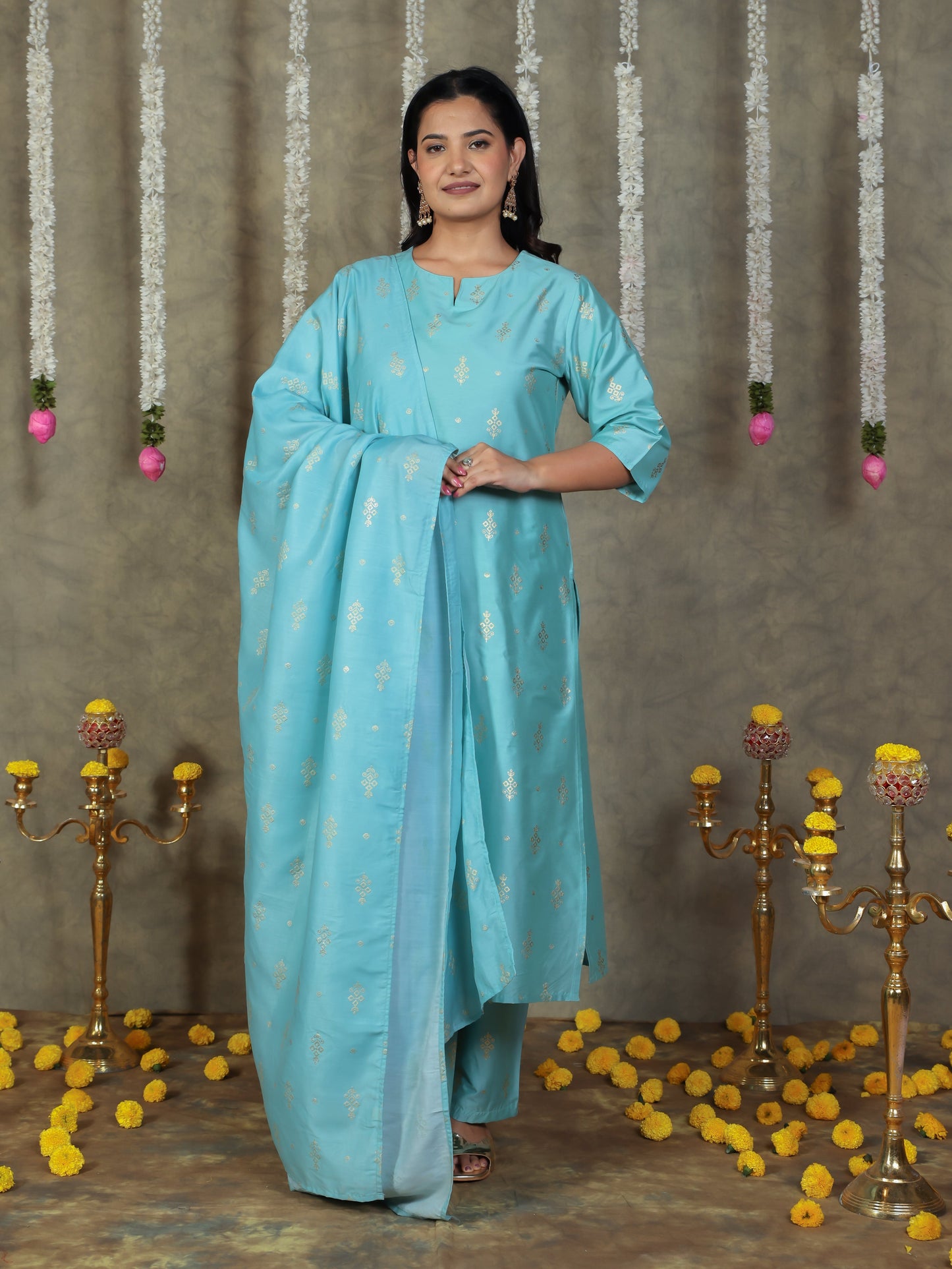 Chanderi Gold foil Blue Dupatta