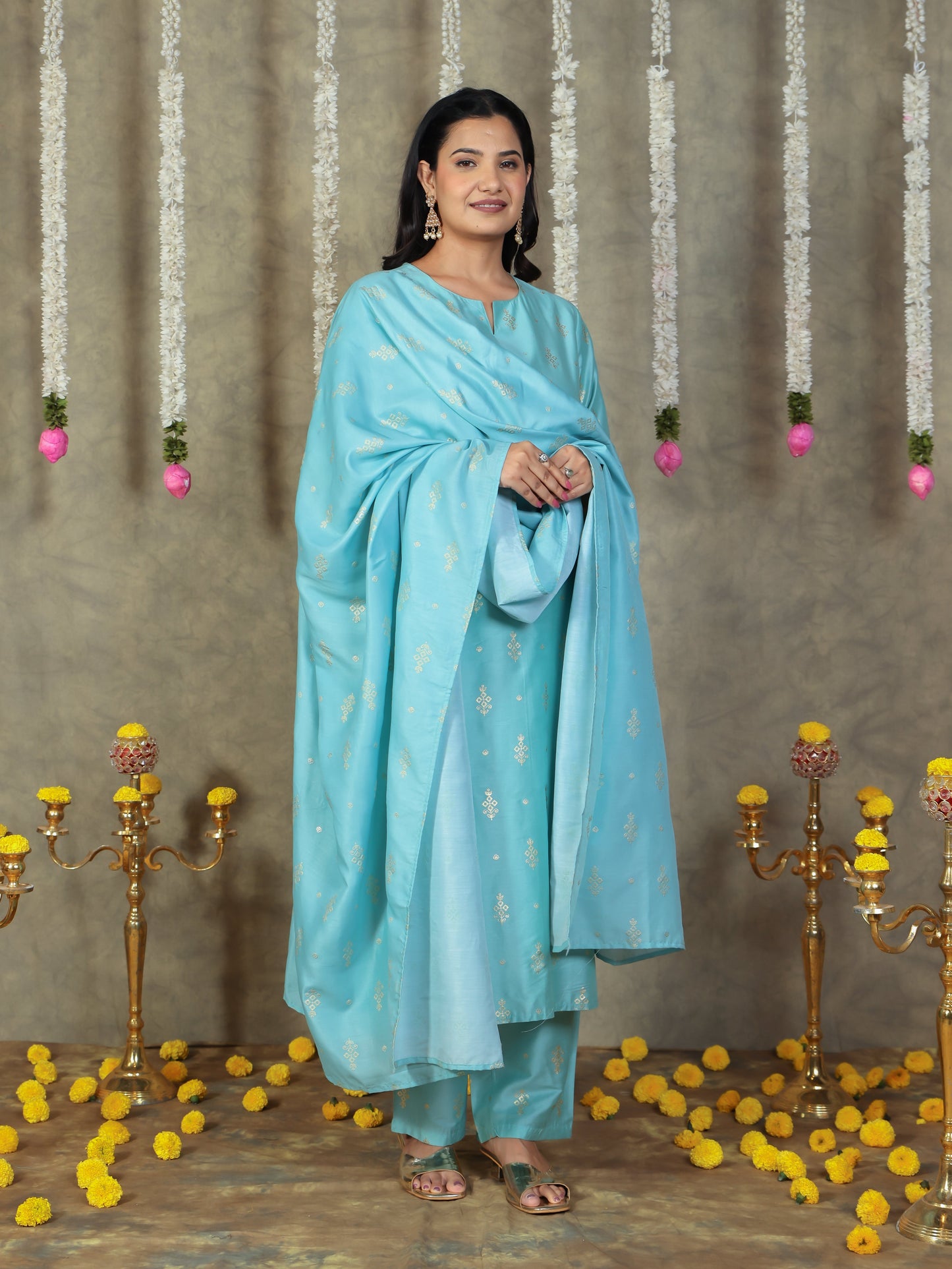 Chanderi Gold foil Straight Blue Kurta