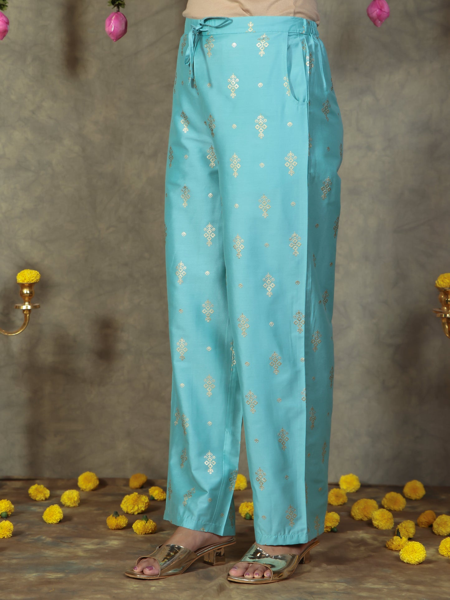 Chanderi Gold foil Straight Blue Kurta