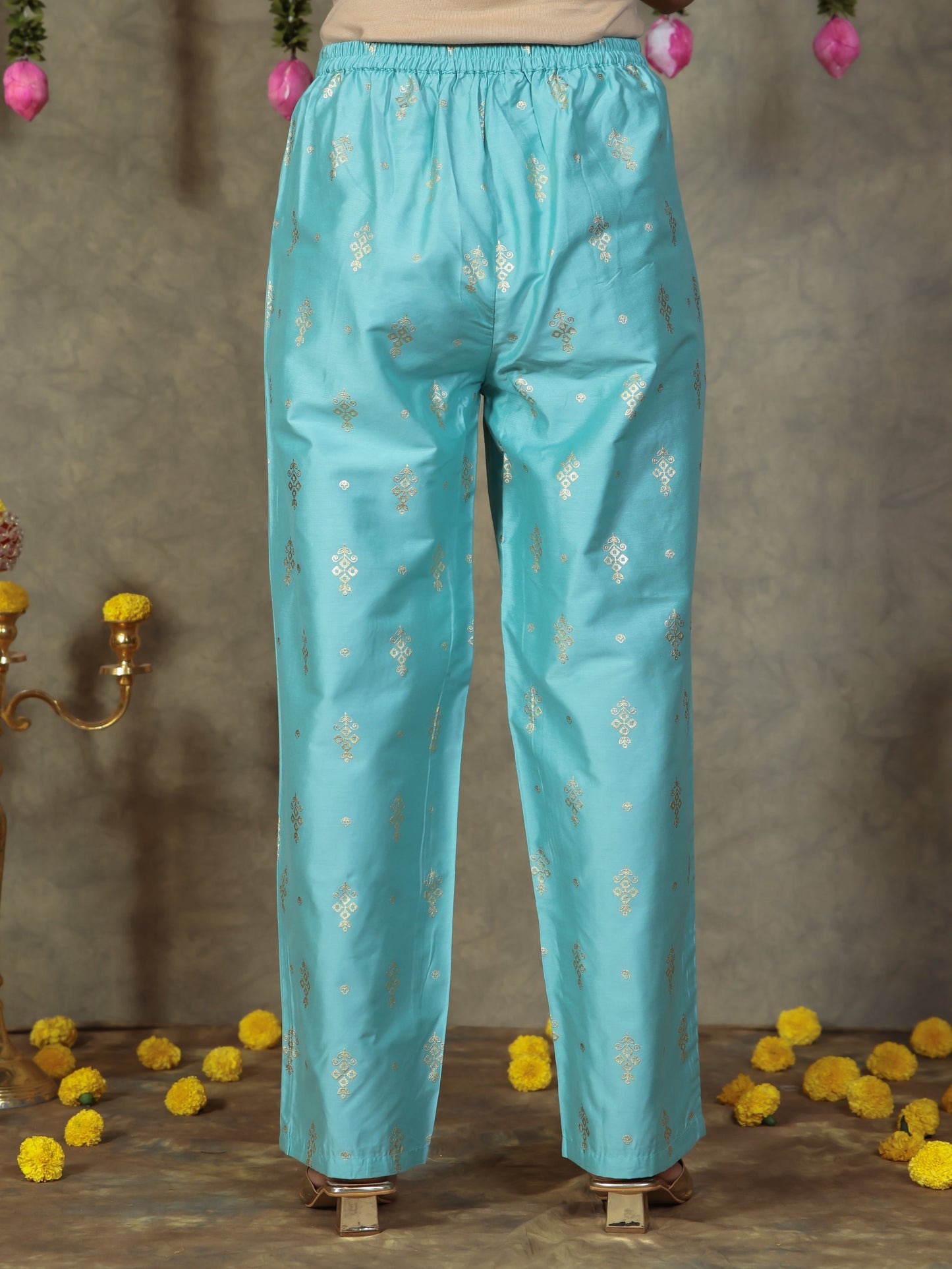 Chanderi Gold foil Straight Blue Kurta