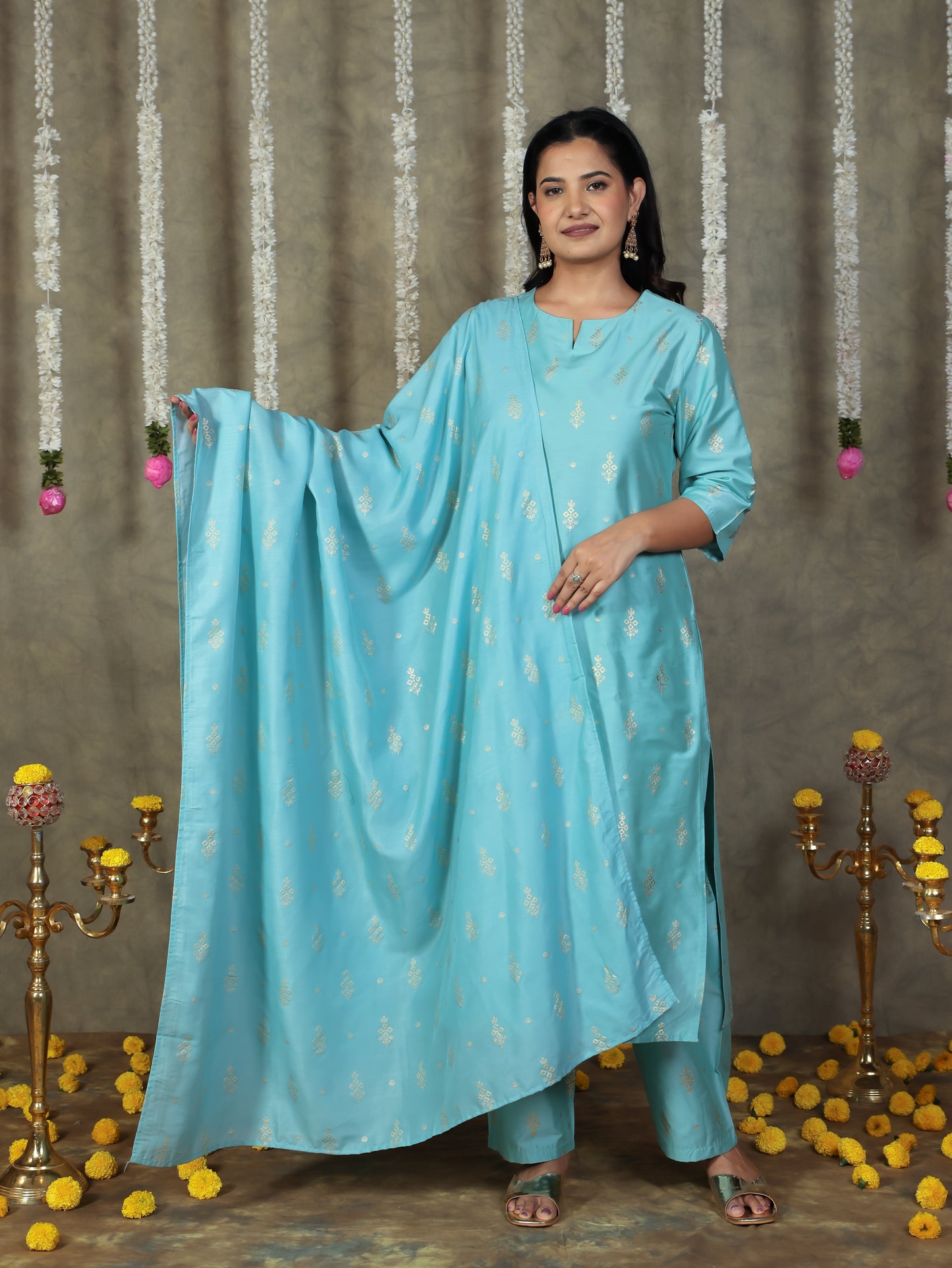 Chanderi Gold foil Straight Blue Kurta