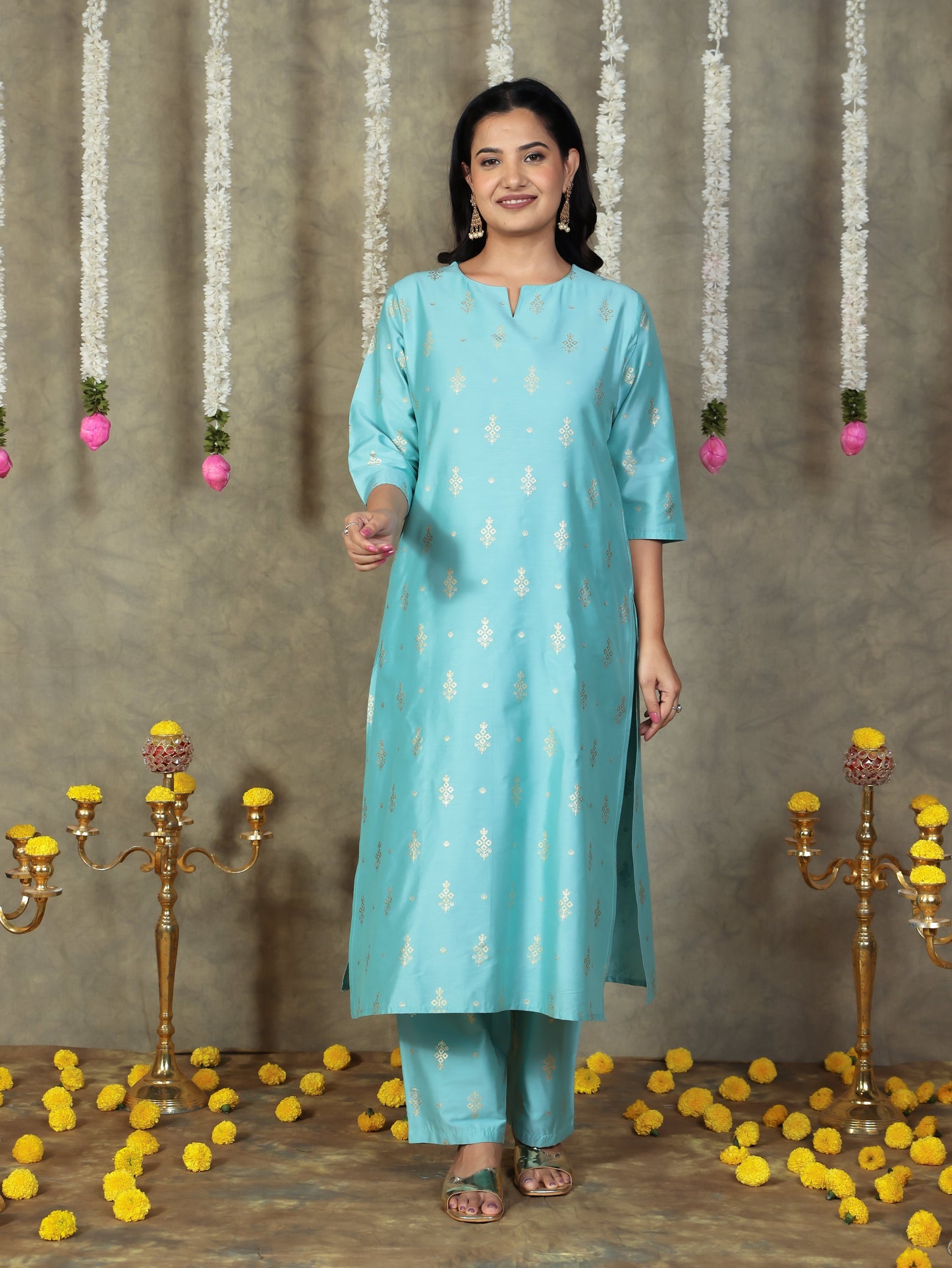 Chanderi Gold foil Straight Blue Kurta