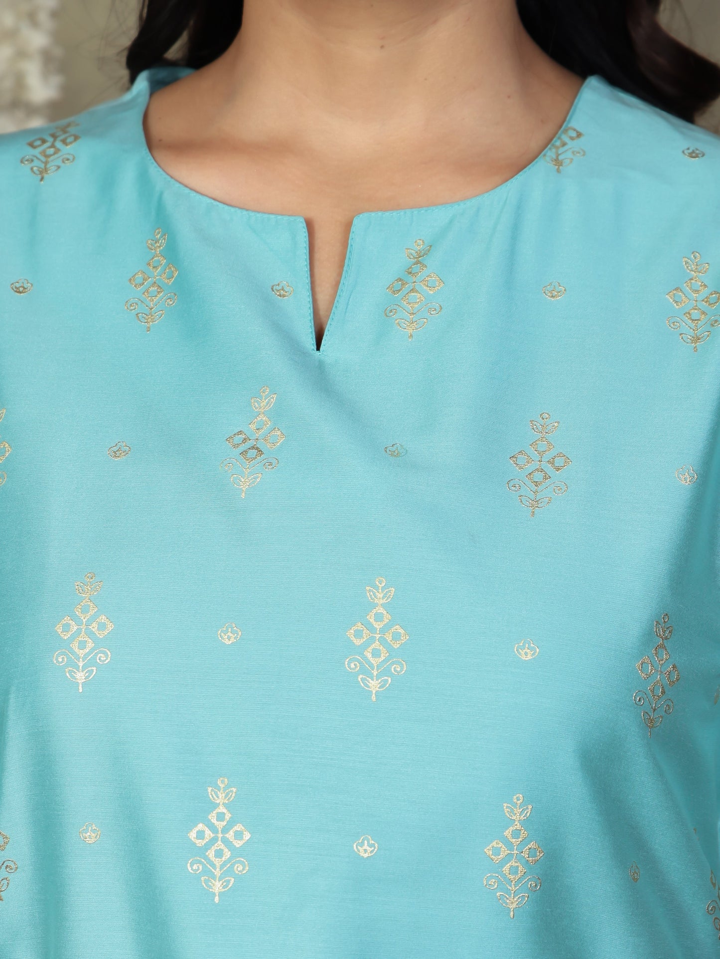 Chanderi Gold foil Straight Blue Kurta