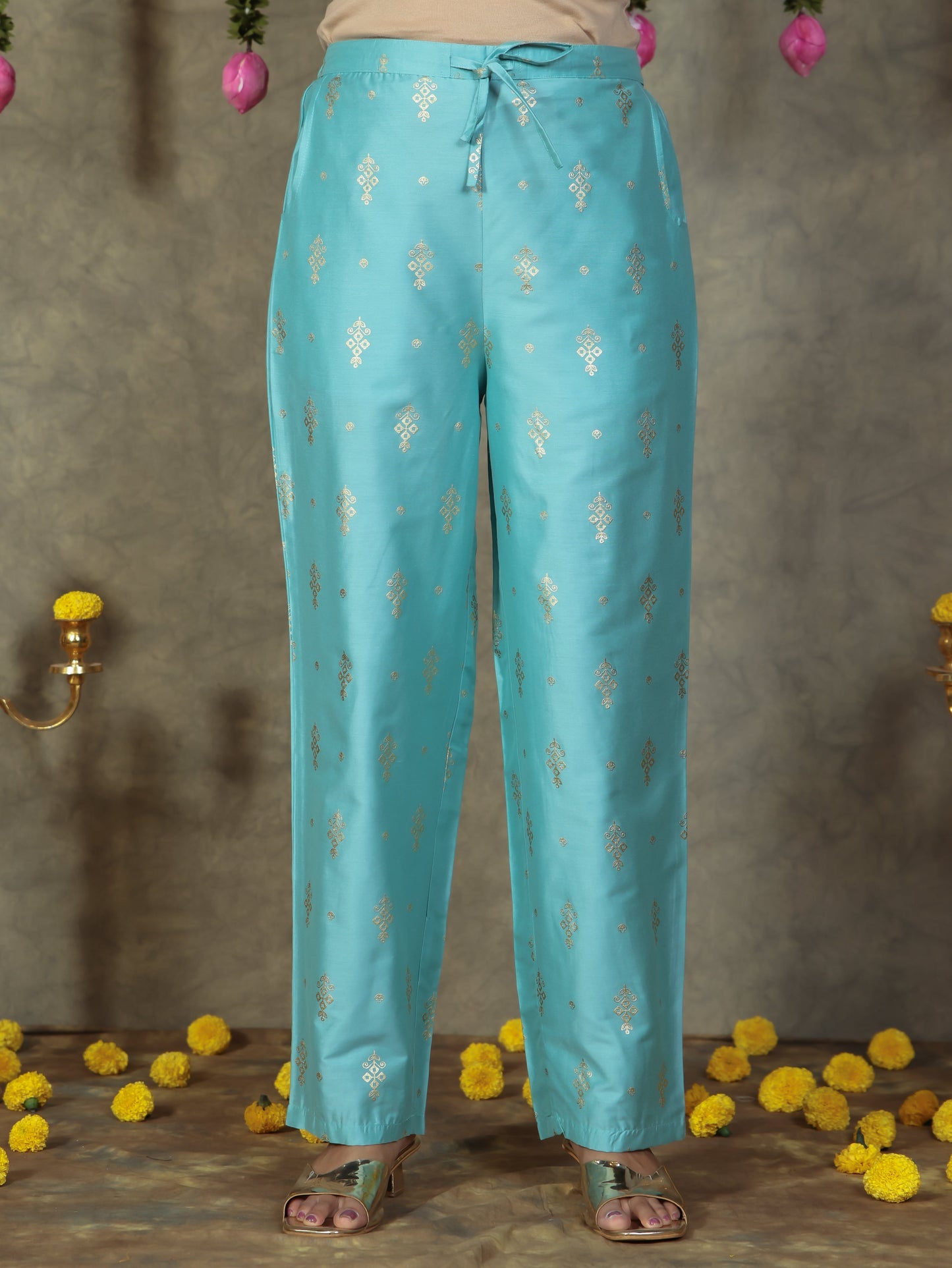 Chanderi Gold foil Straight Blue Kurta