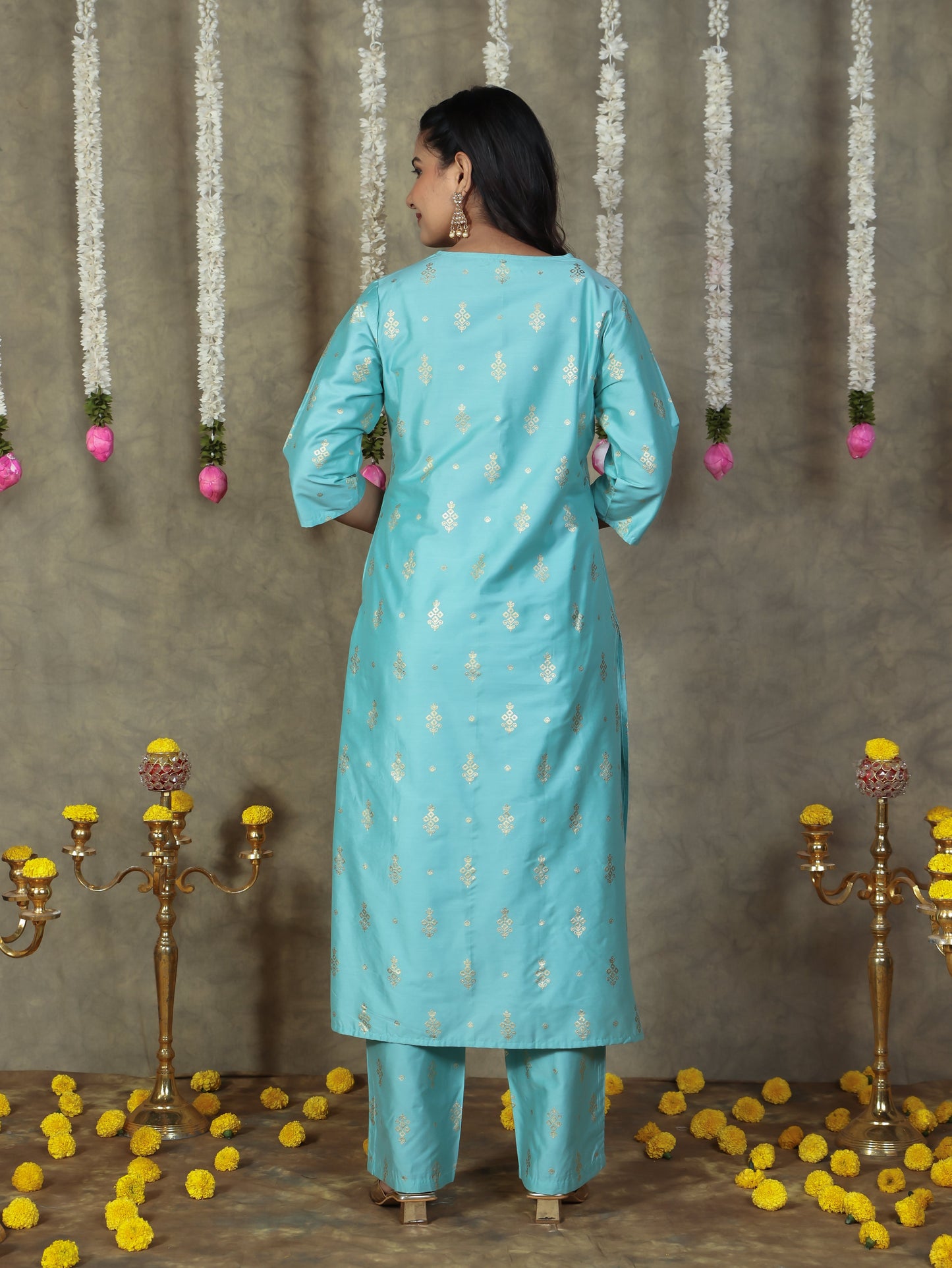 Chanderi Gold foil Straight Blue Kurta