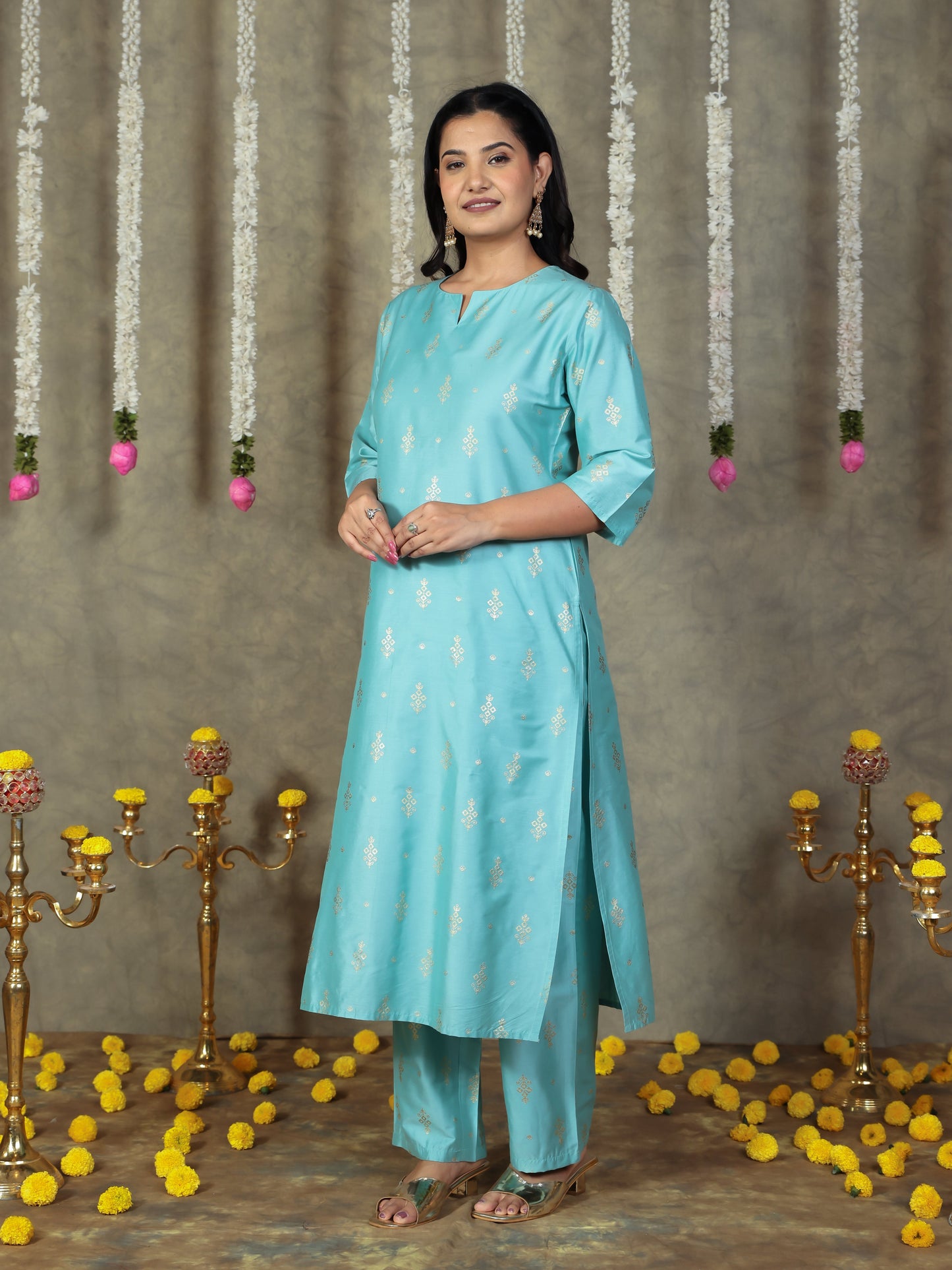 Chanderi Gold foil Straight Blue Kurta