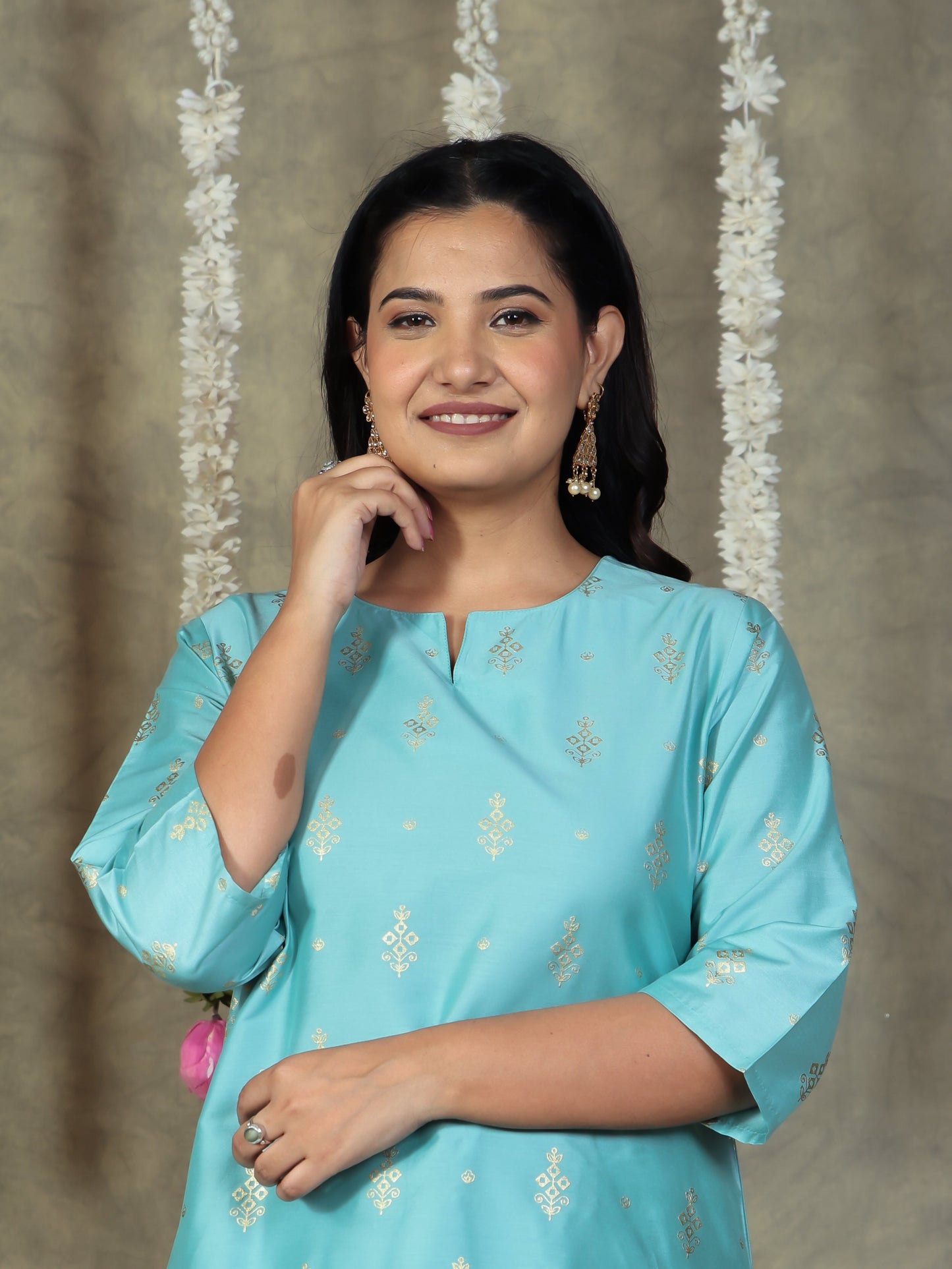 Chanderi Gold foil Straight Blue Kurta
