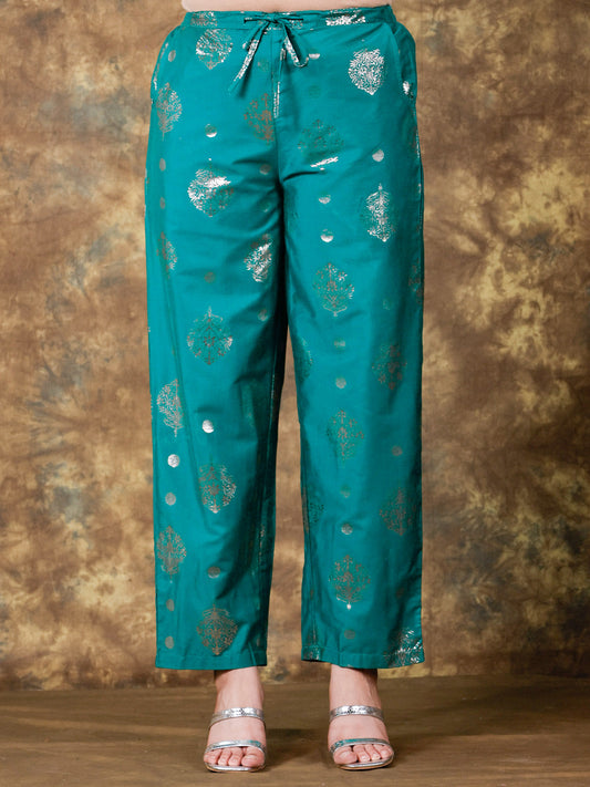 Blended Silk Gold foil Teal Straight Trousers