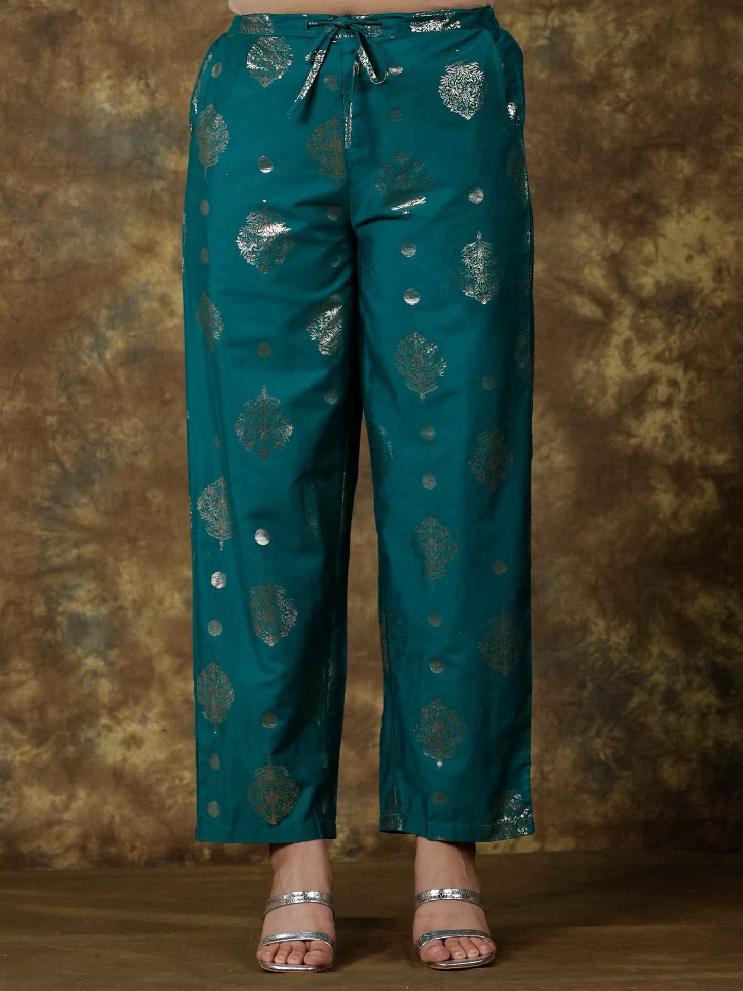 Roman Silk Gold foil Teal Straight Trousers
