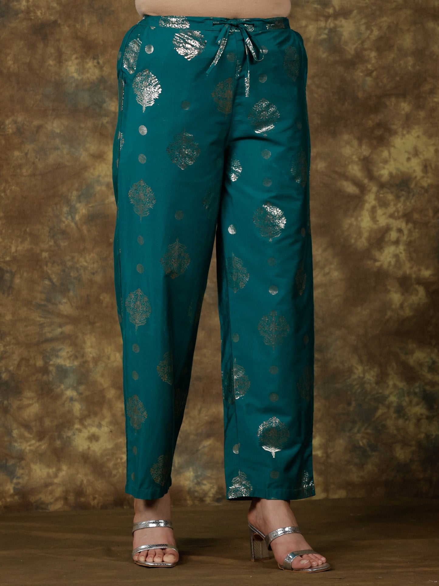 Roman Silk Gold foil Teal Straight Trousers