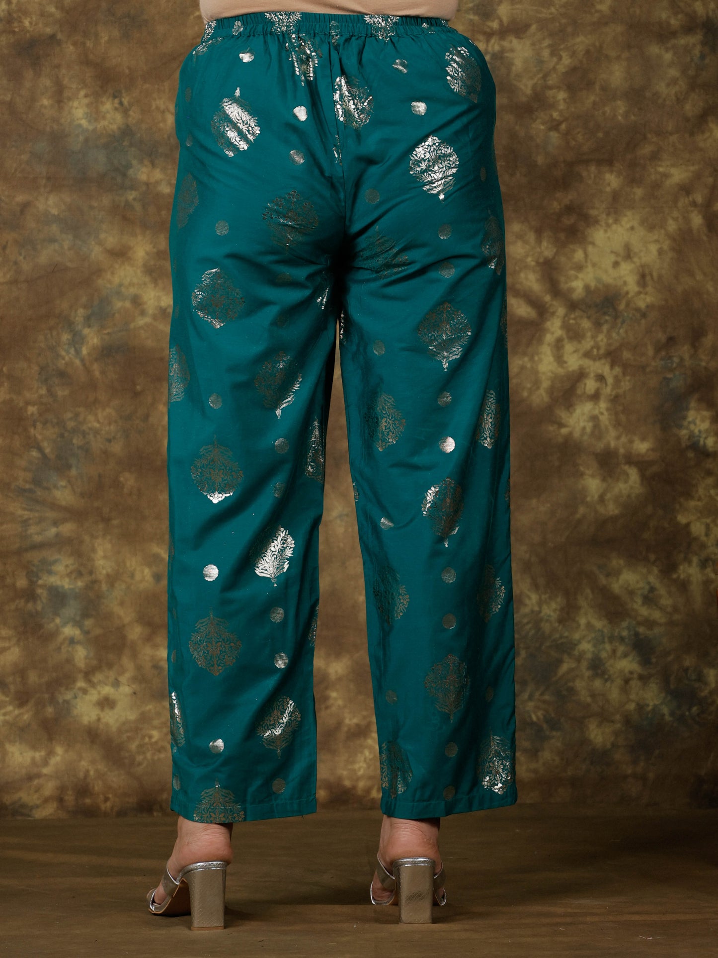 Roman Silk Gold foil Teal Straight Trousers