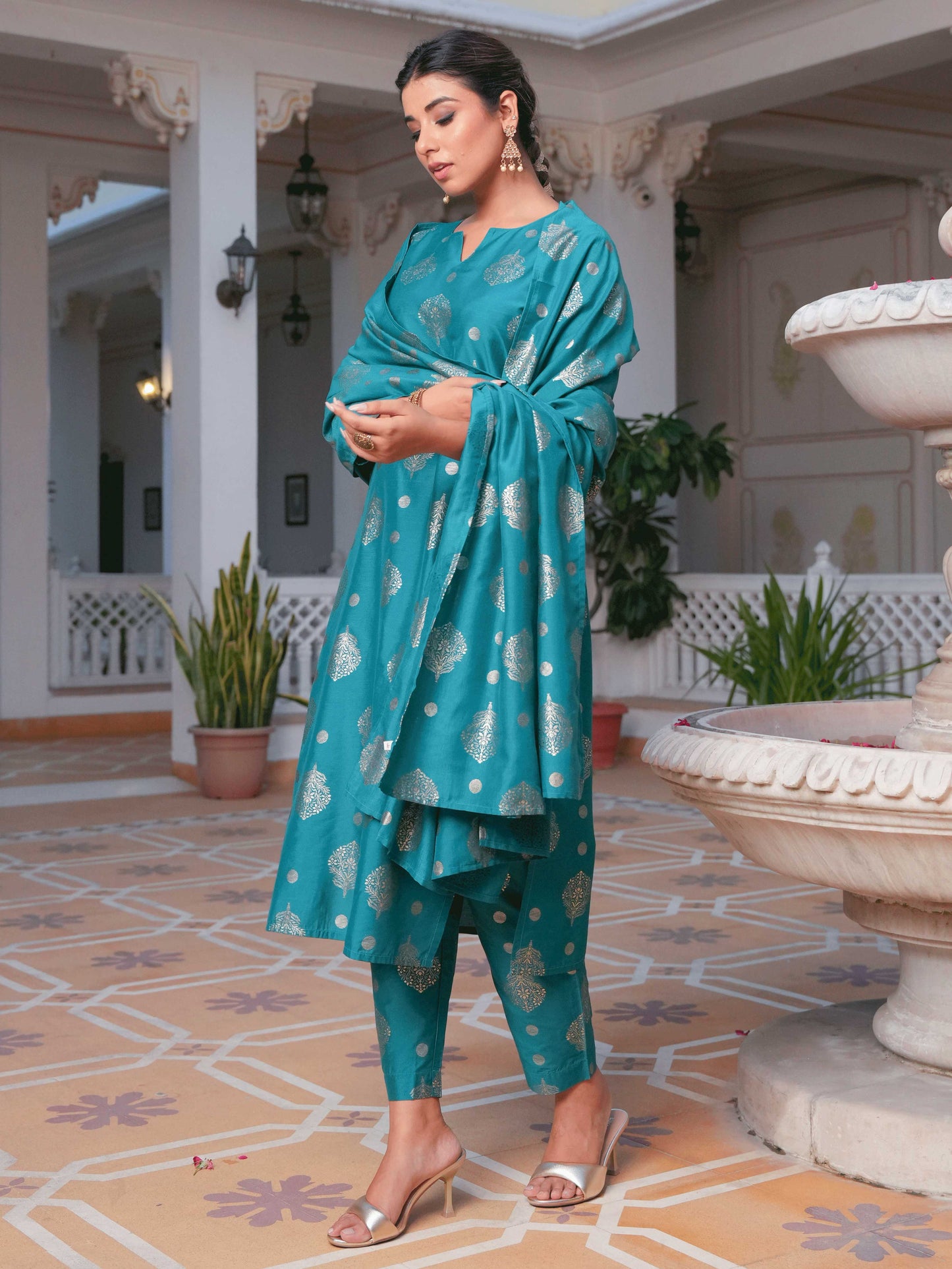 Blended Silk Gold foil Straight Teal Kurta