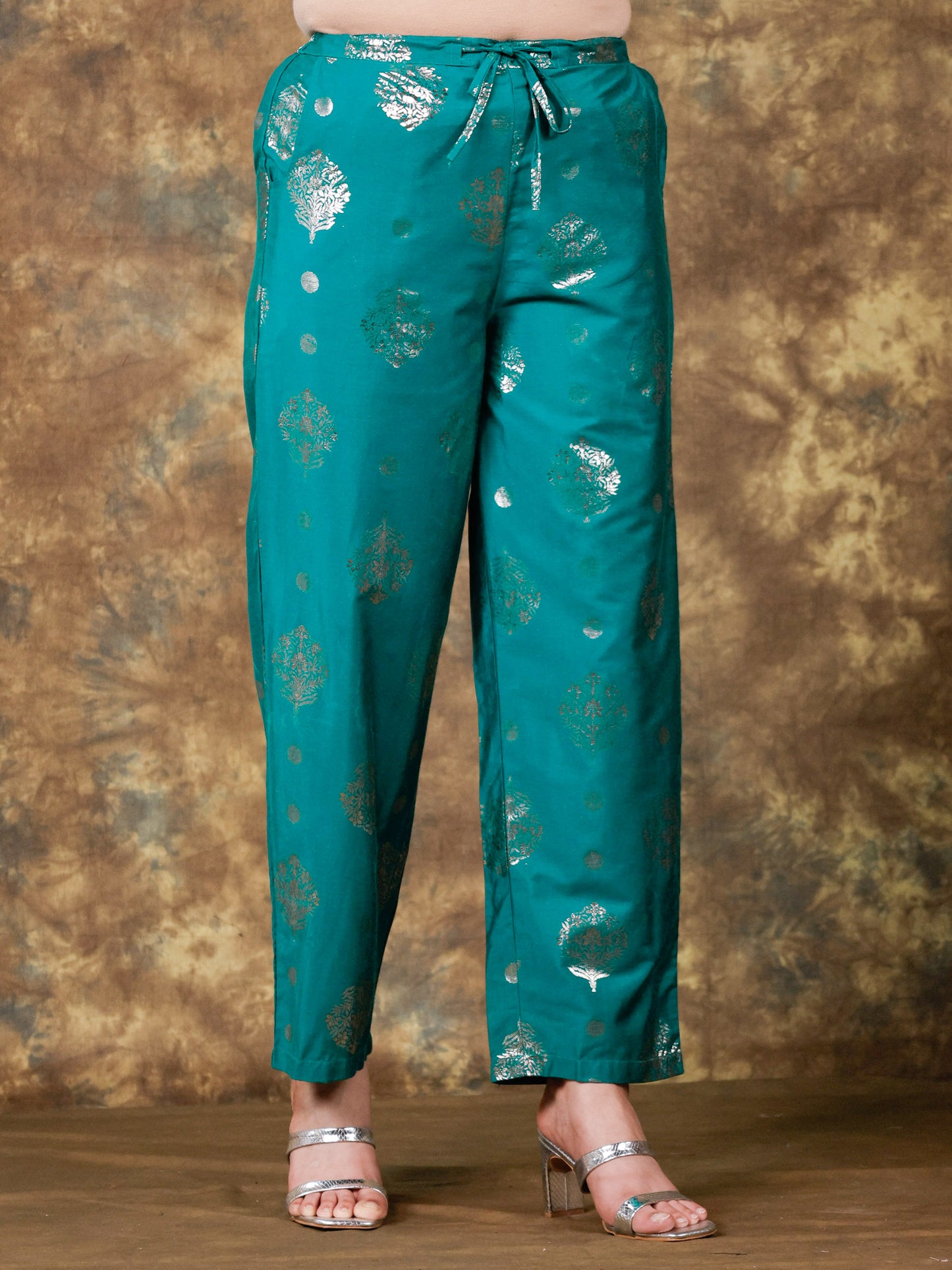 Blended Silk Gold foil Straight Teal Kurta
