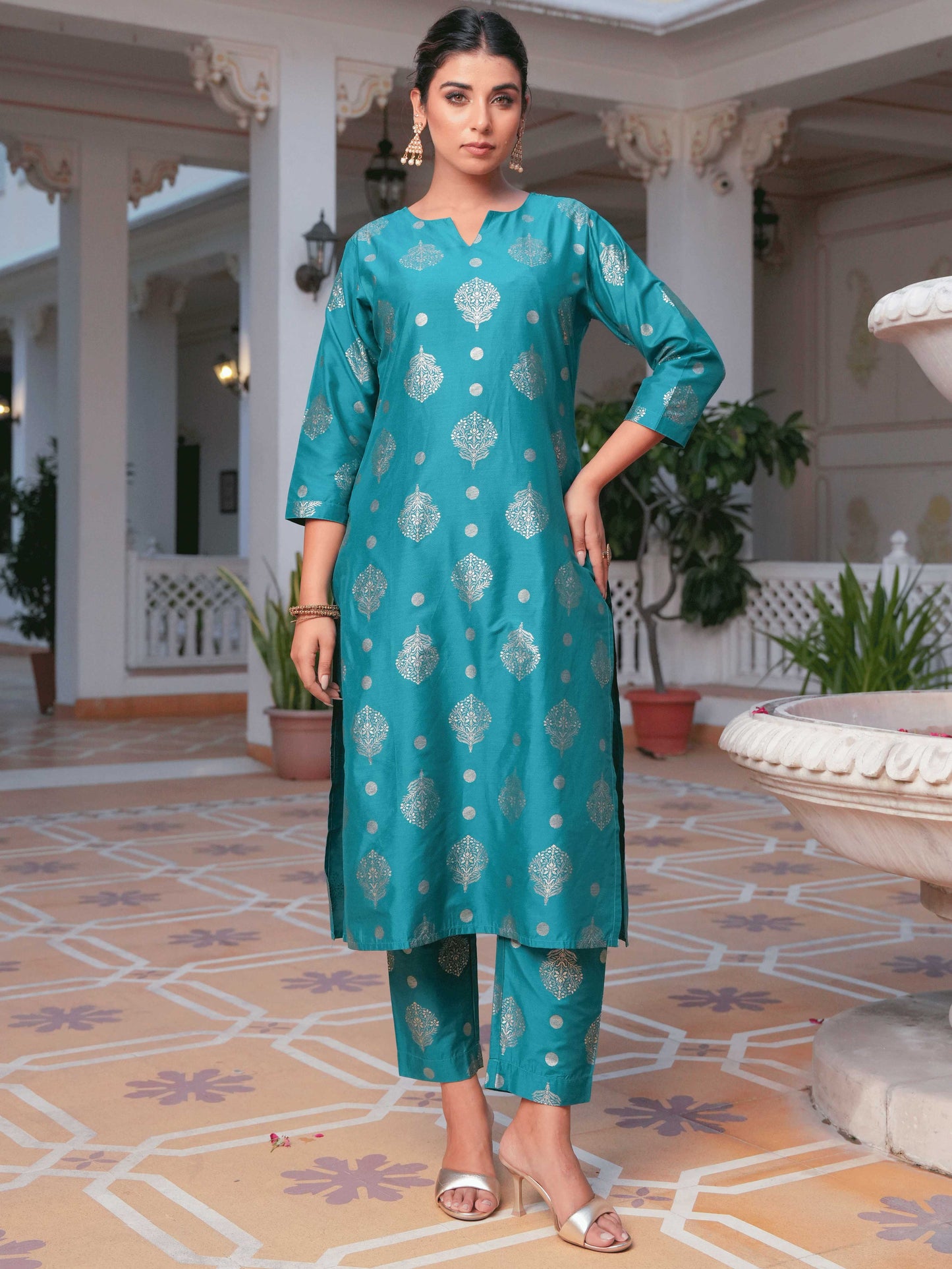 Blended Silk Gold foil Straight Teal Kurta