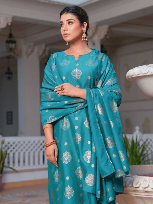 Blended Silk Gold foil Teal Dupatta