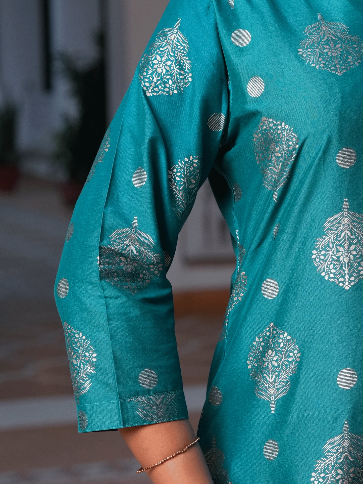 Blended Silk Gold foil Straight Teal Kurta
