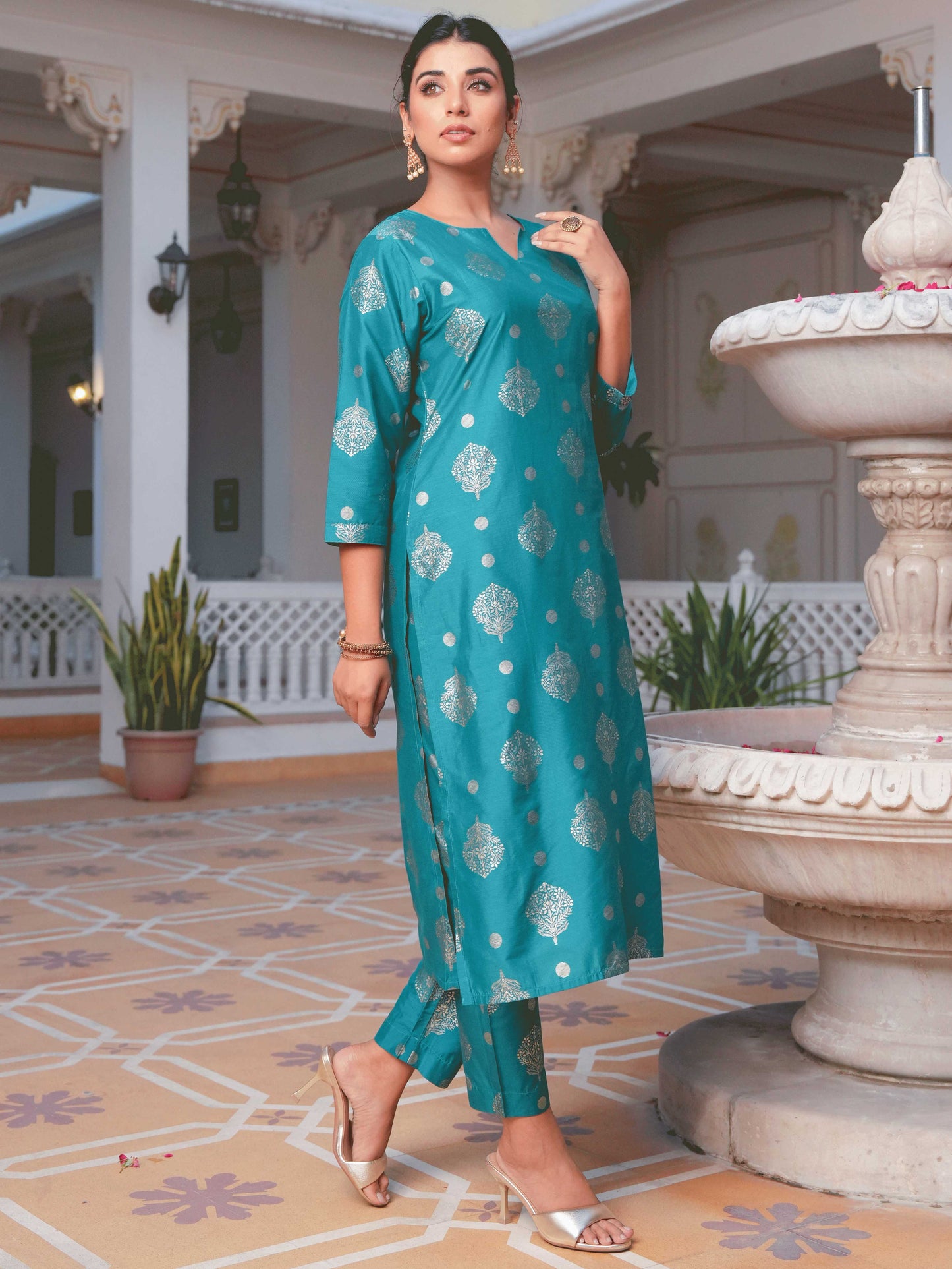 Blended Silk Gold foil Straight Teal Kurta