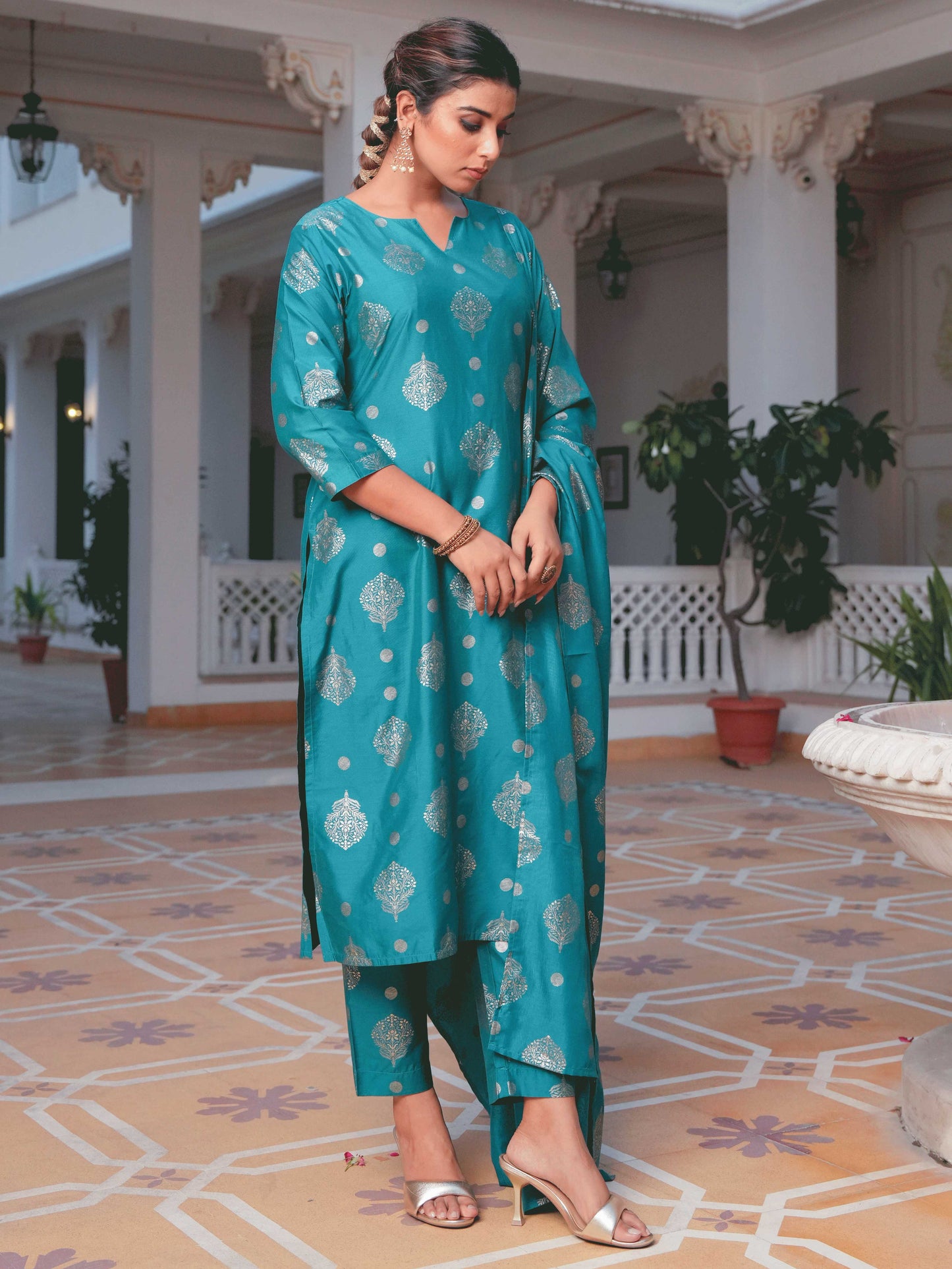 Blended Silk Gold foil Straight Teal Kurta