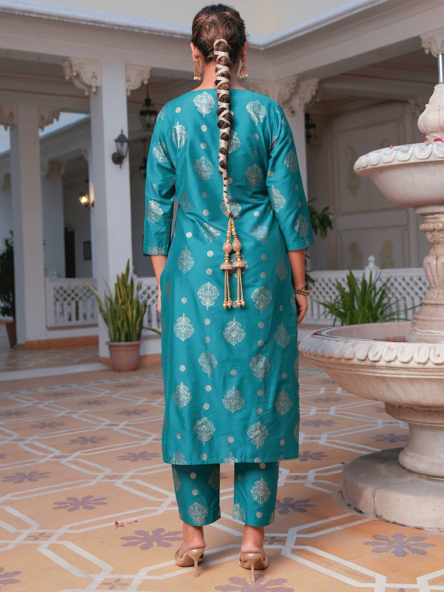 Blended Silk Gold foil Straight Teal Kurta