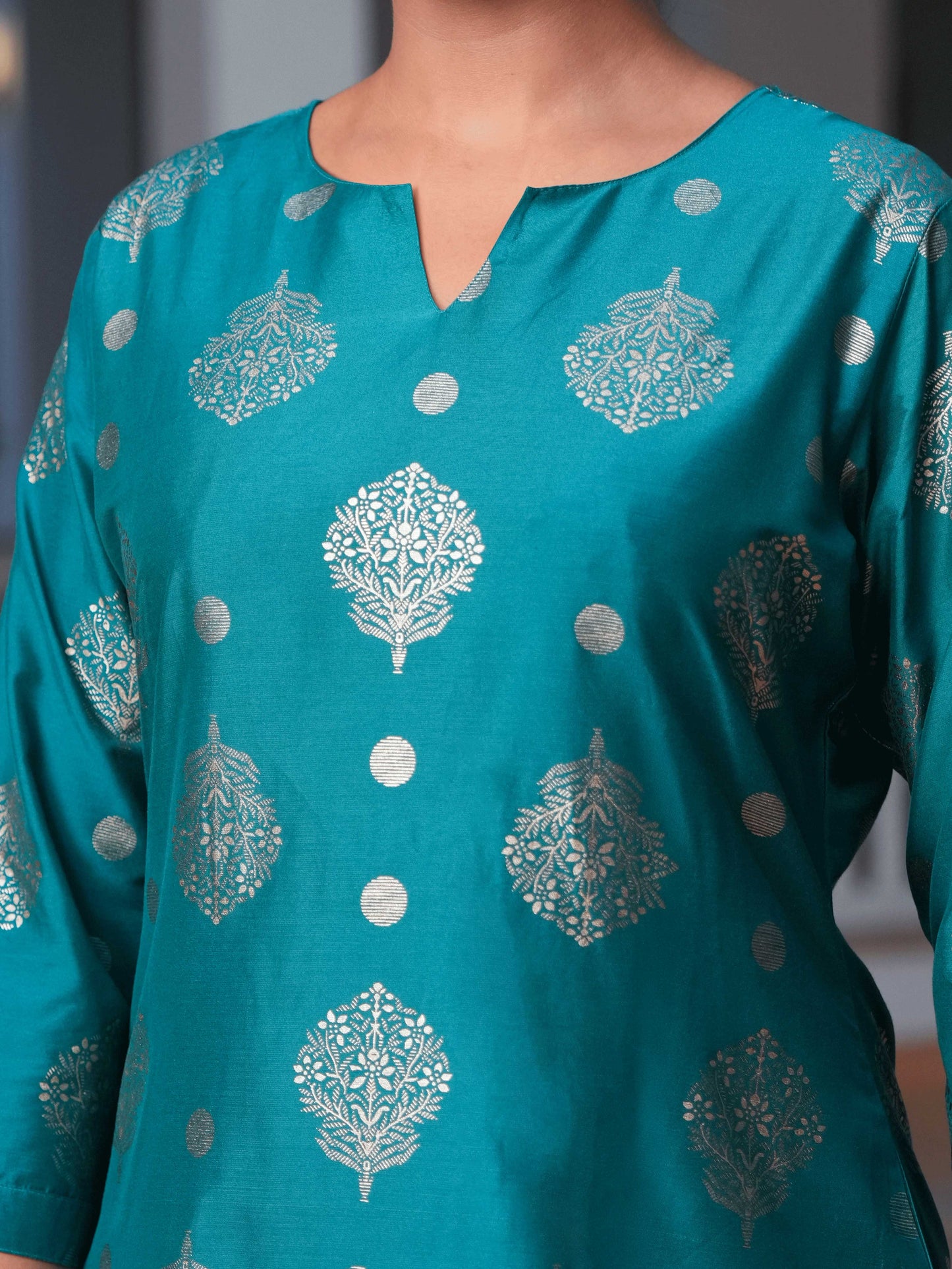 Blended Silk Gold foil Straight Teal Kurta