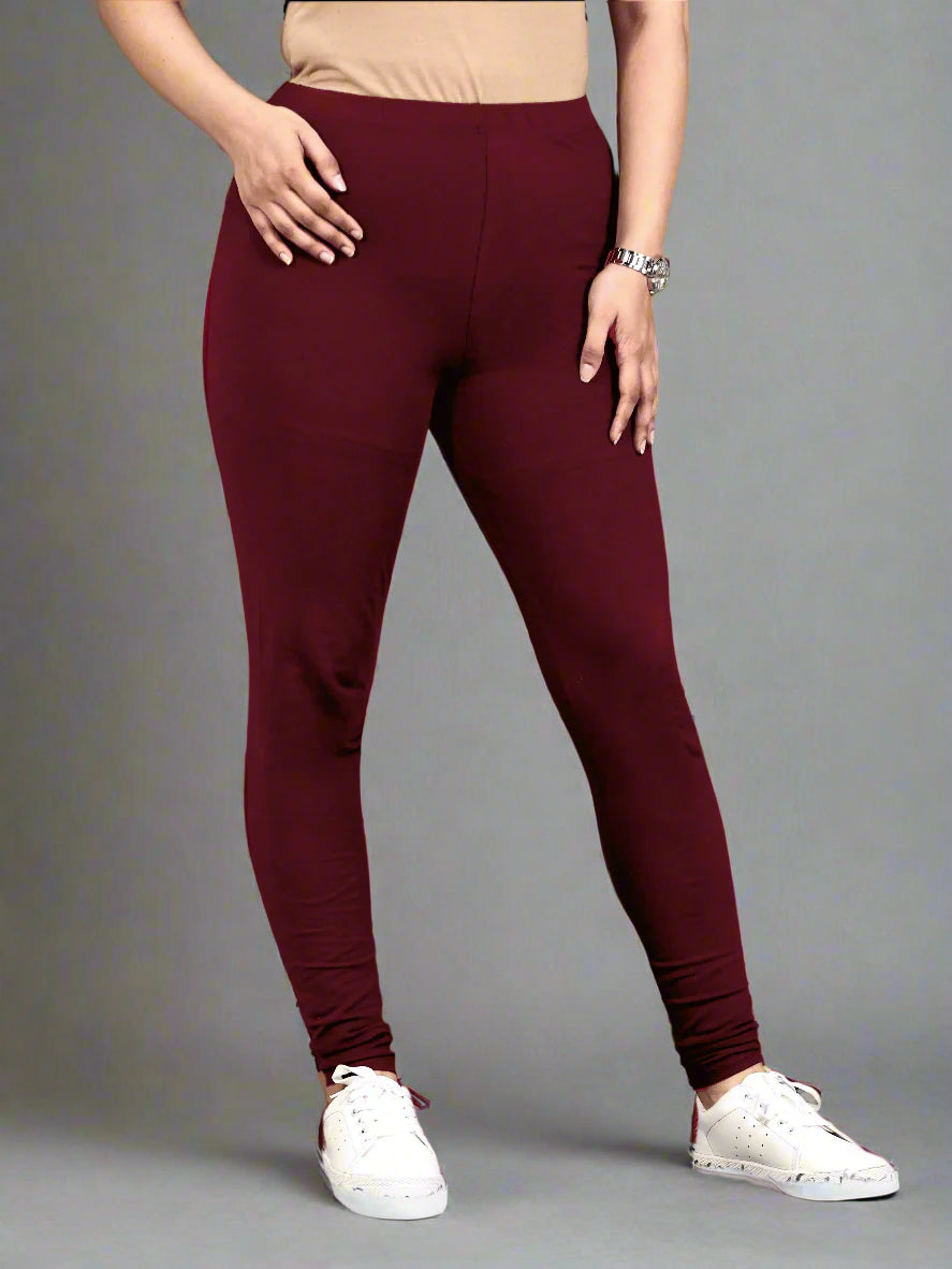 Stretchable Cotton Solid Maroon Leggings