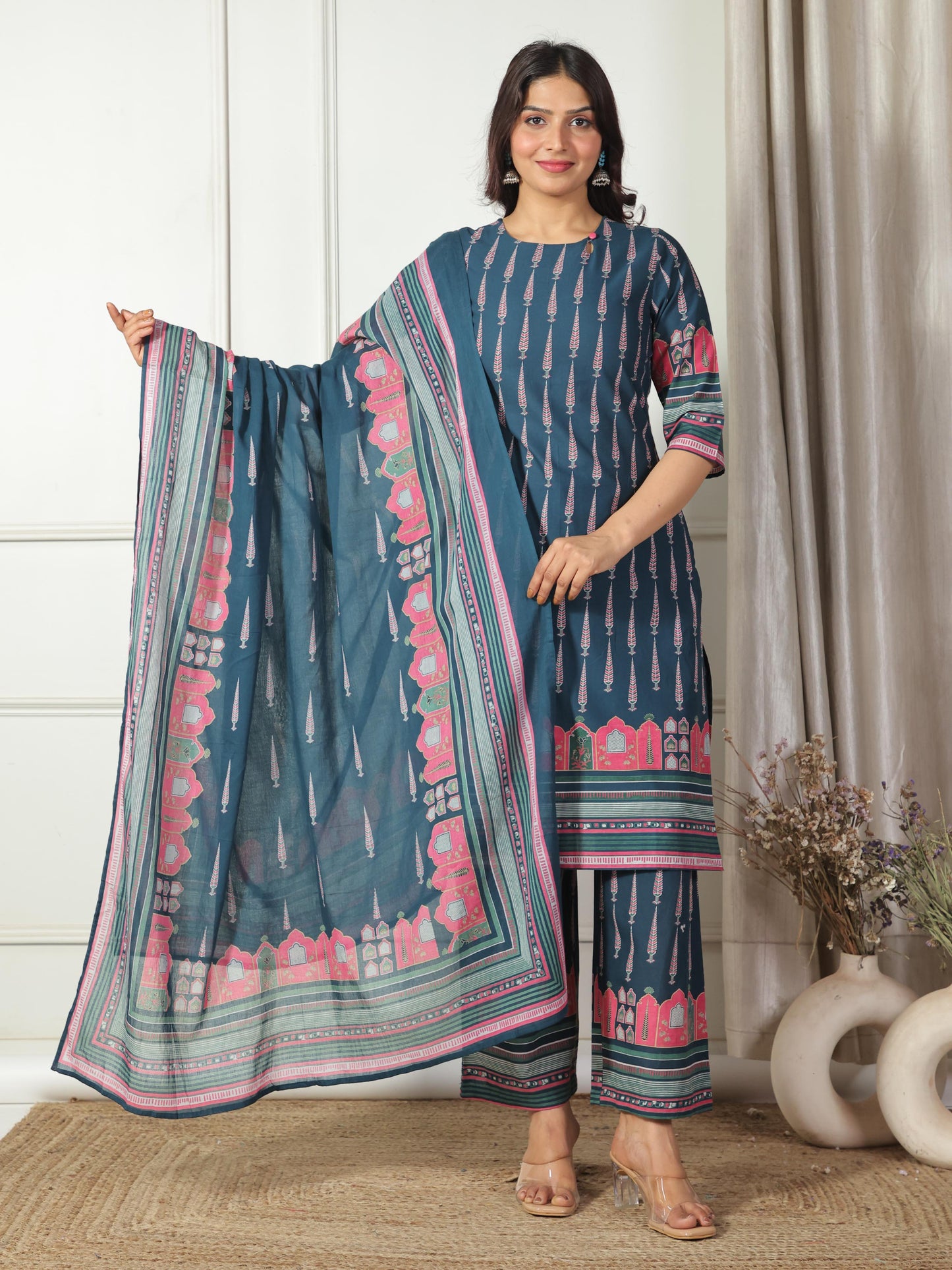 Cotton Voile Placement Print Blue Dupatta