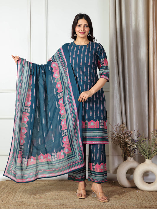 Cotton Voile Placement Print Blue Dupatta