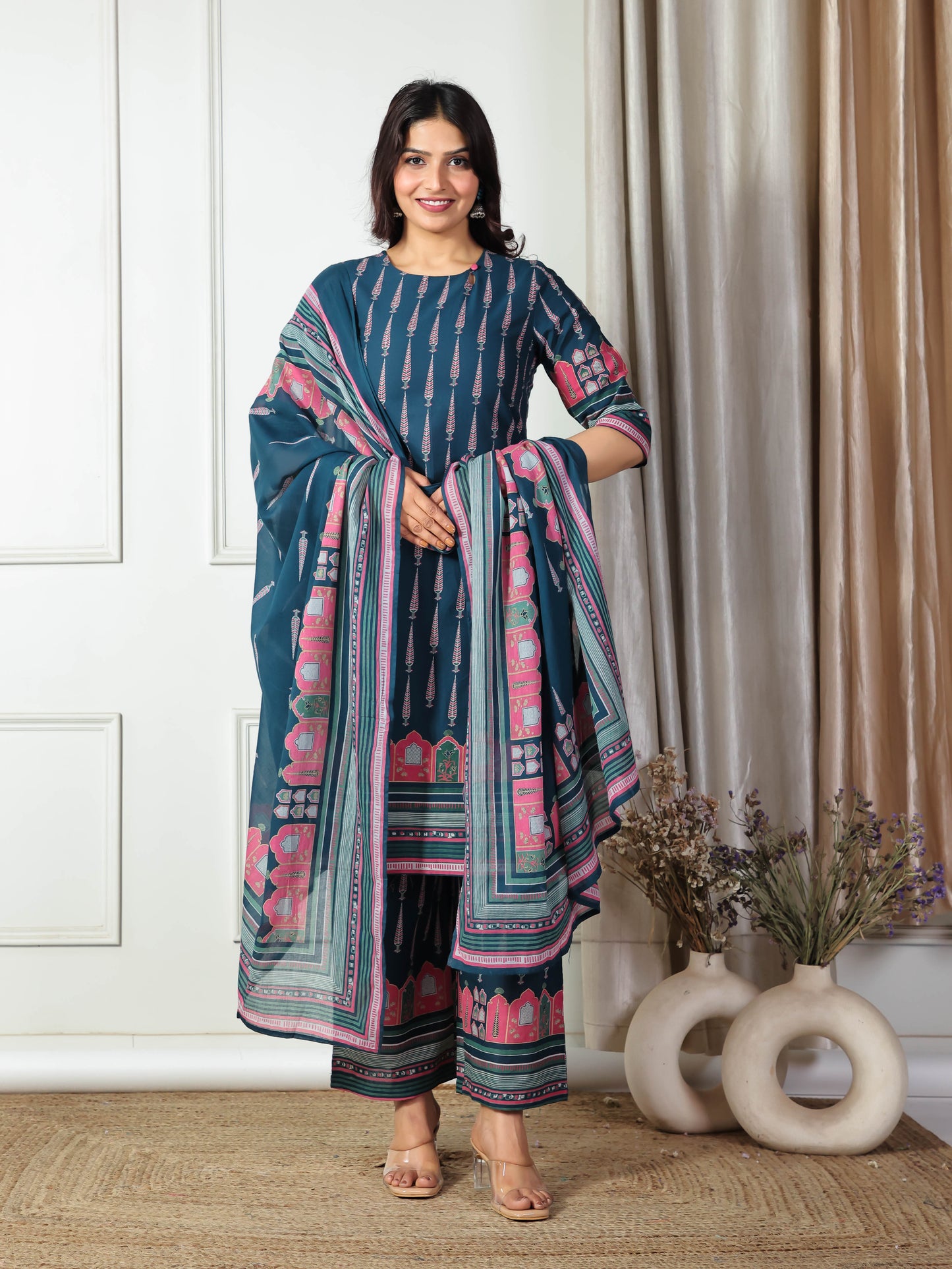 Cotton Voile Placement Print Blue Dupatta