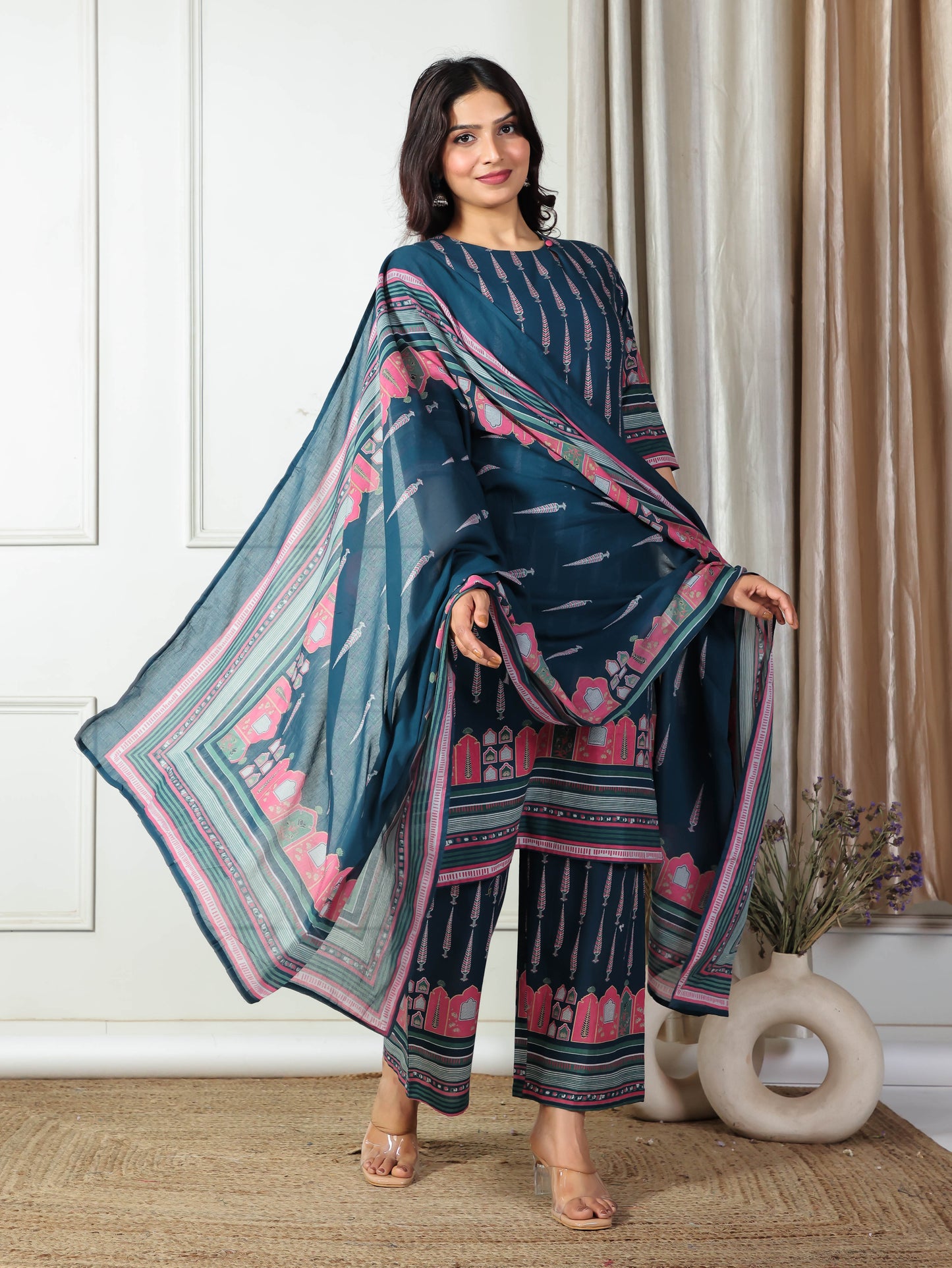 Cotton Voile Placement Print Blue Dupatta