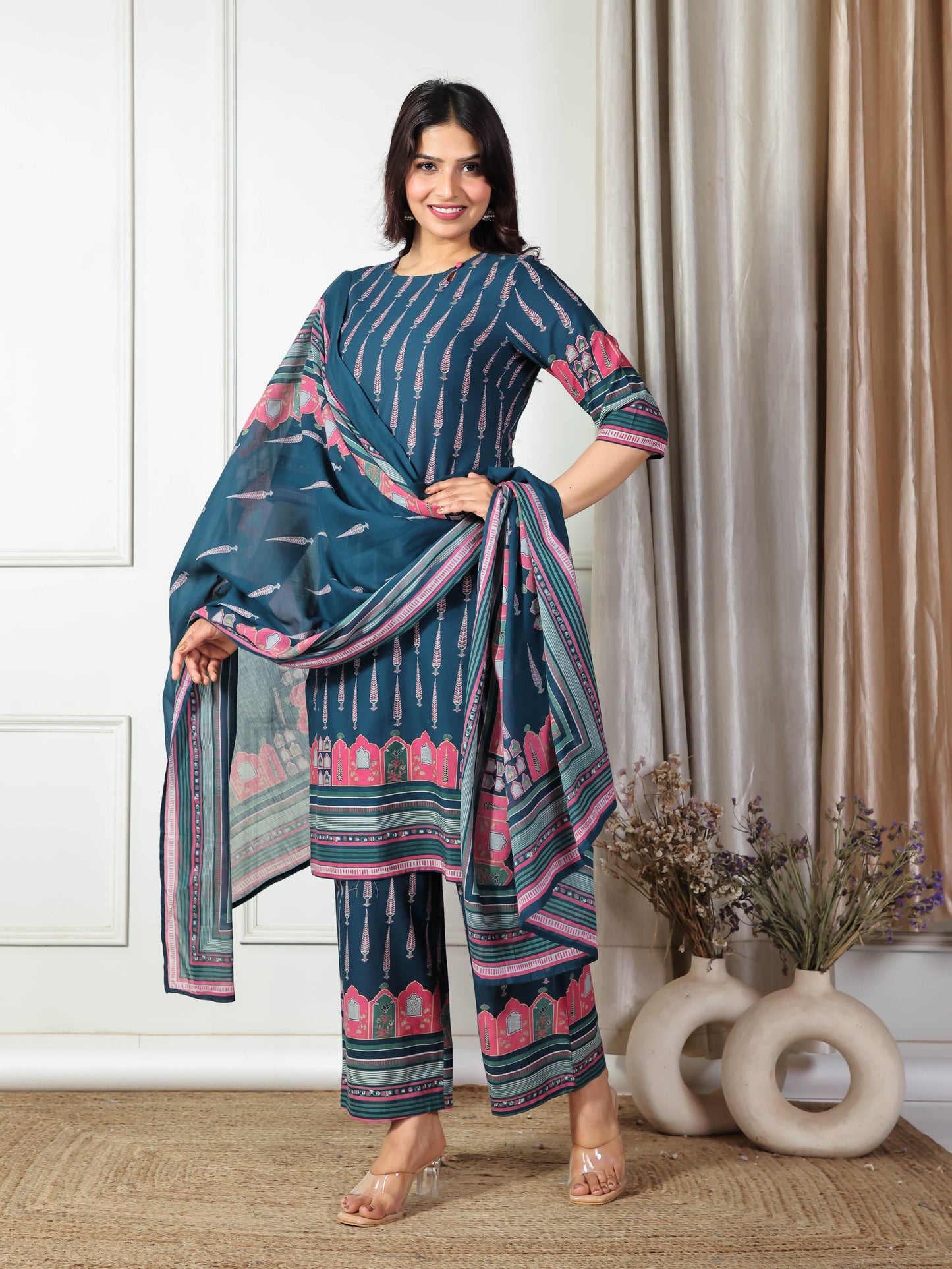 Soft Cotton Placement Print Straight Blue Kurta
