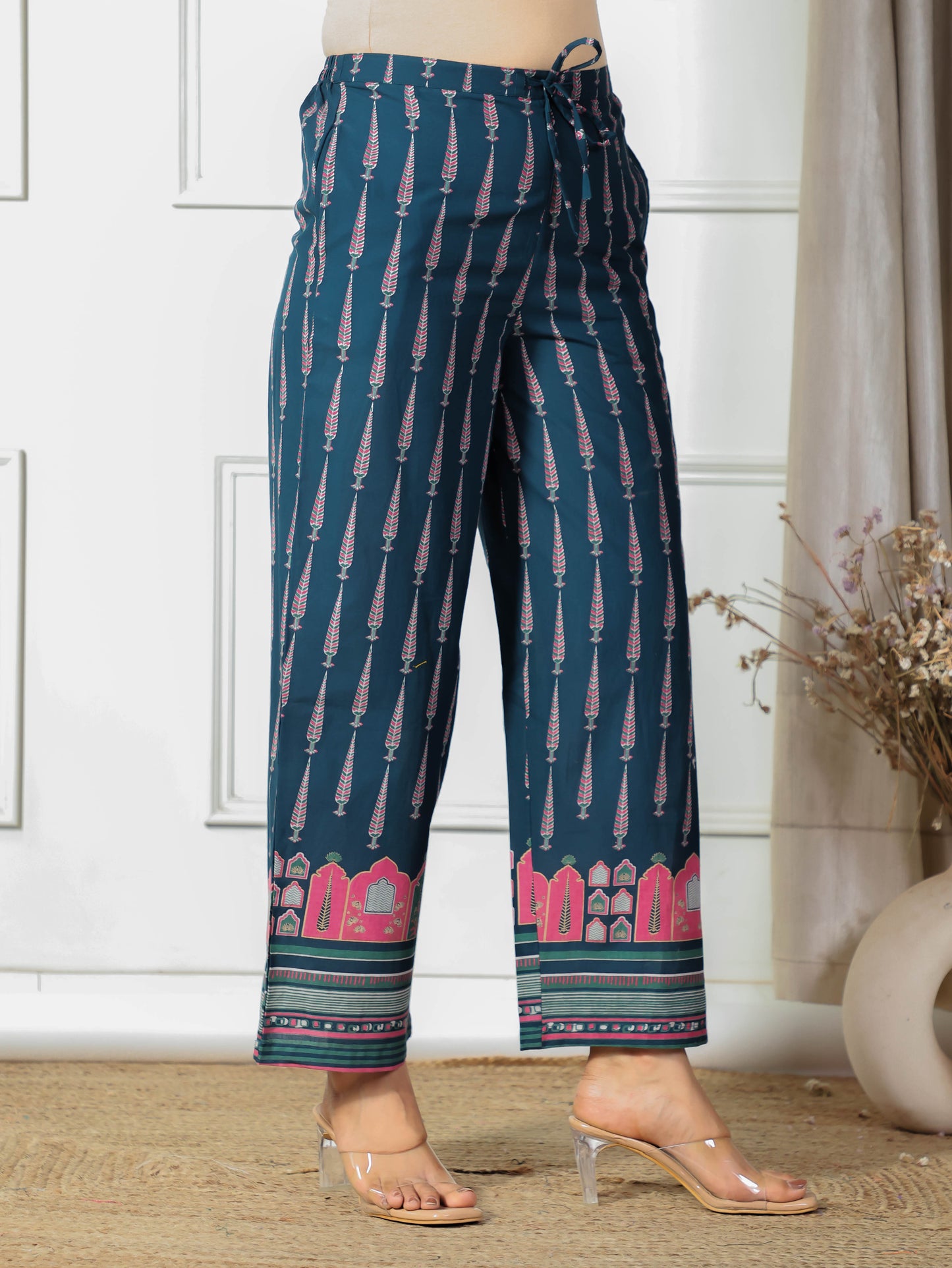 Soft Cotton Placement Print Straight Blue Kurta