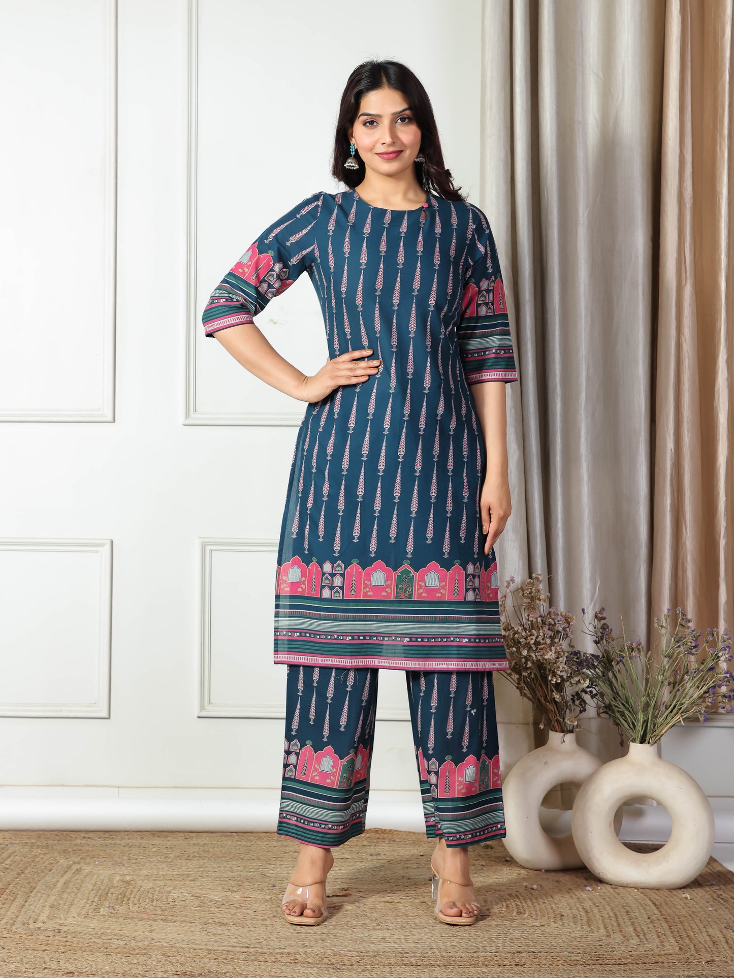 Soft Cotton Placement Print Straight Blue Kurta
