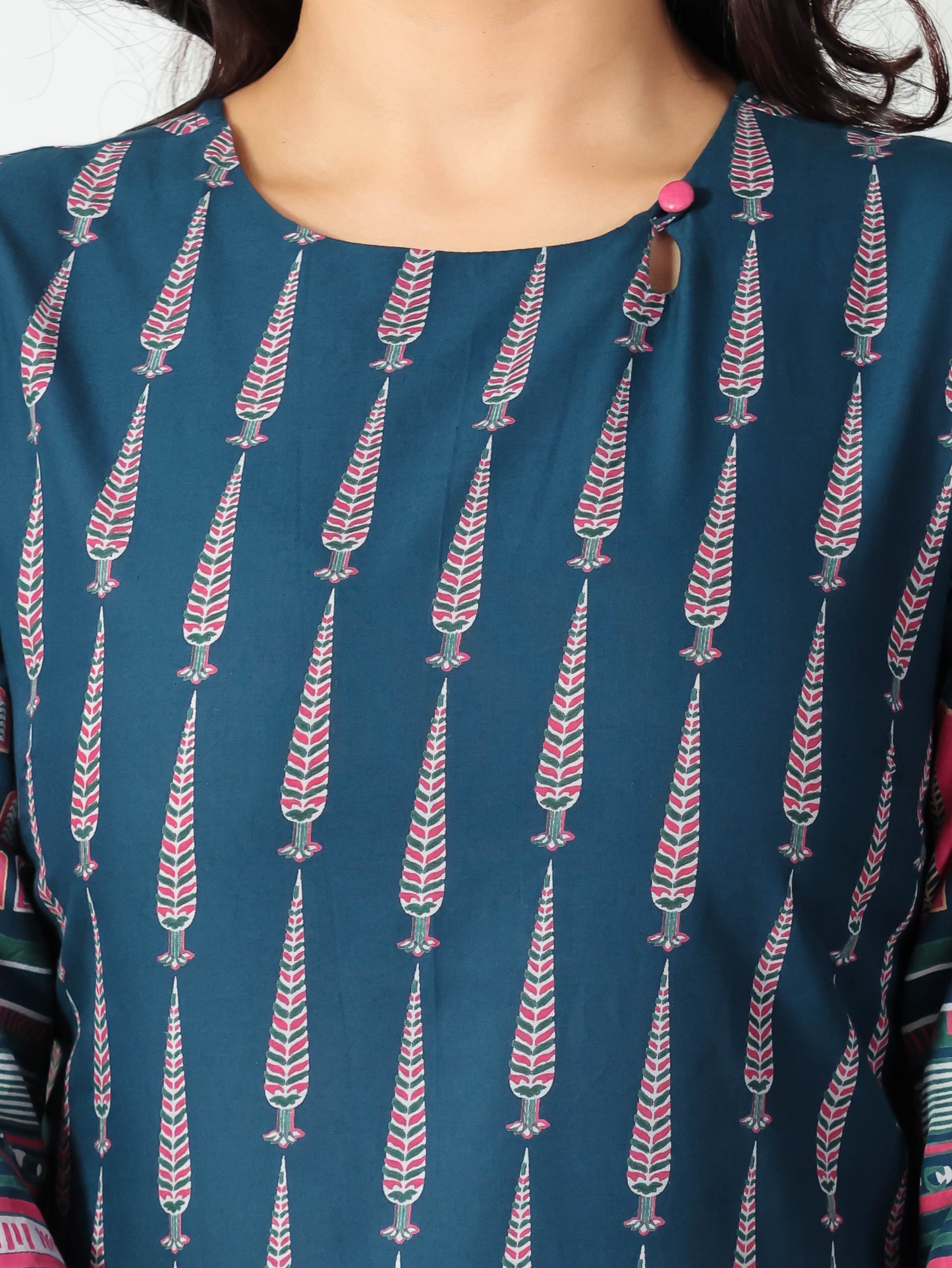 Soft Cotton Placement Print Straight Blue Kurta