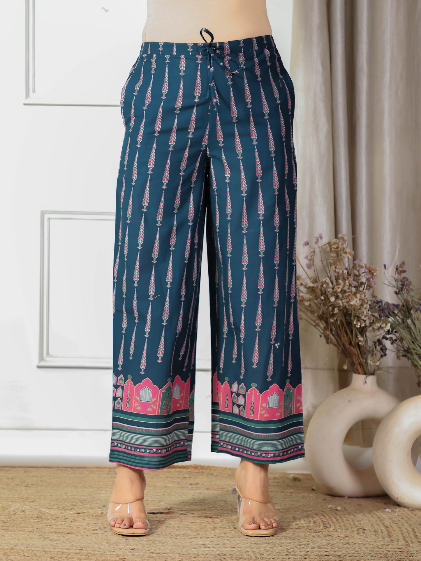 Soft Cotton Placement Print Straight Blue Kurta