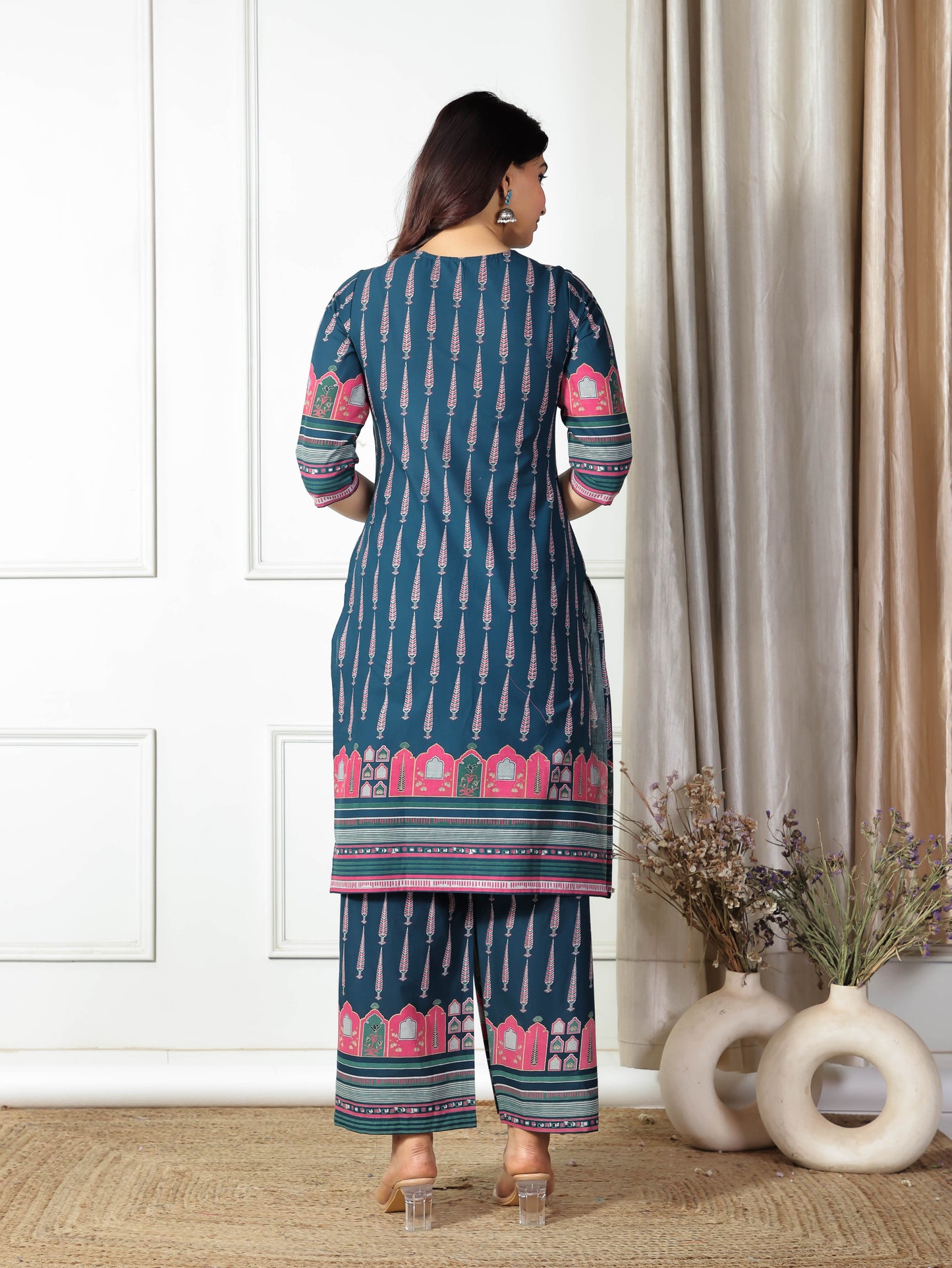Soft Cotton Placement Print Straight Blue Kurta