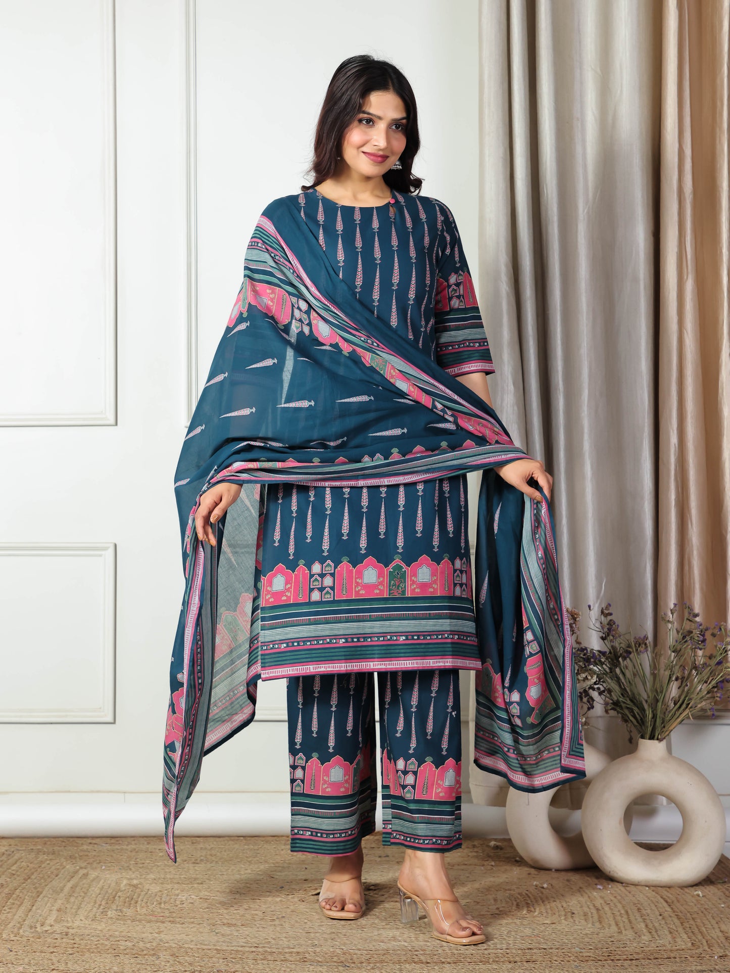 Soft Cotton Placement Print Straight Blue Kurta