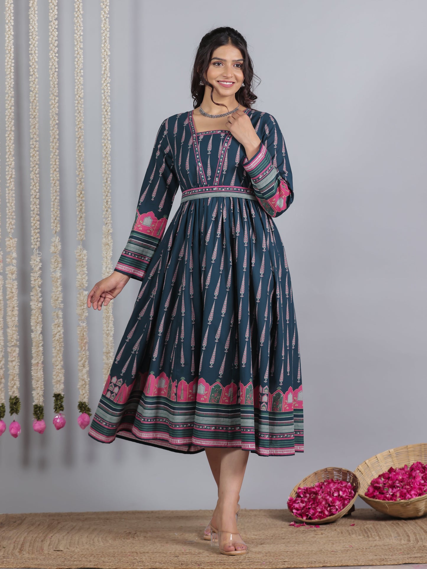 Soft Cotton Mughal Print Anarkali Blue Dress