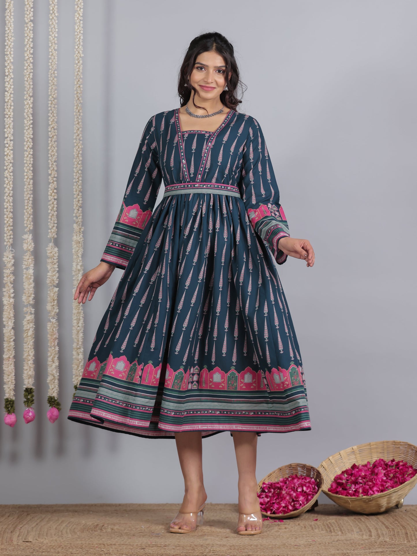 Soft Cotton Mughal Print Anarkali Blue Dress