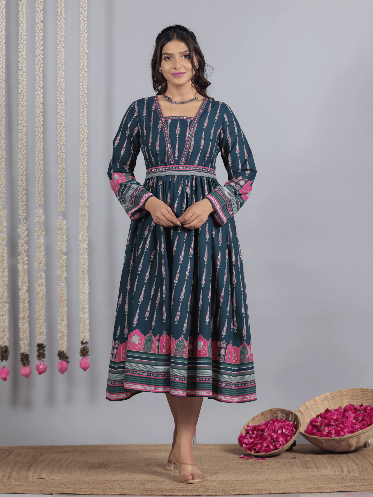 Soft Cotton Mughal Print Anarkali Blue Dress