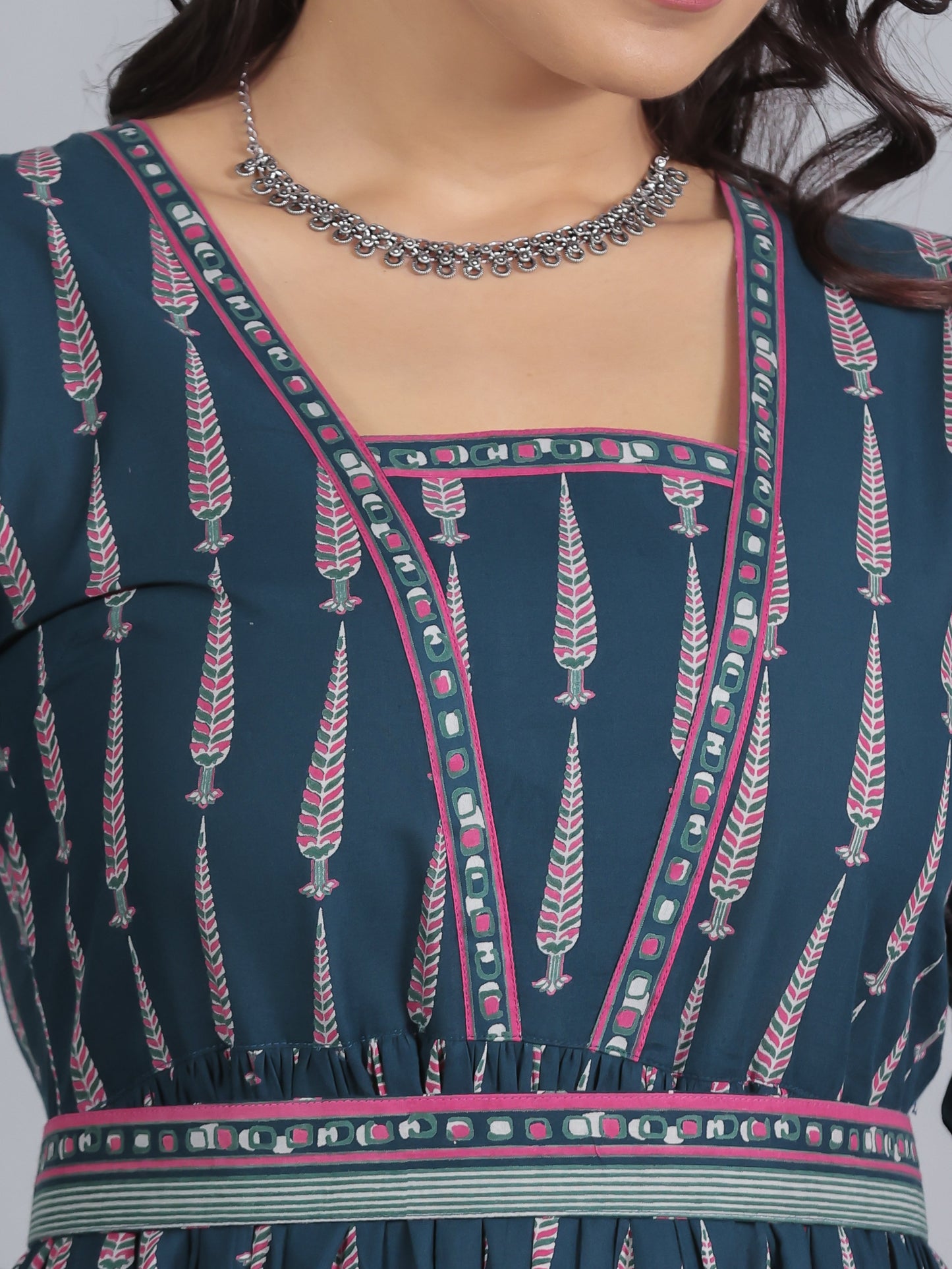 Soft Cotton Mughal Print Anarkali Blue Dress