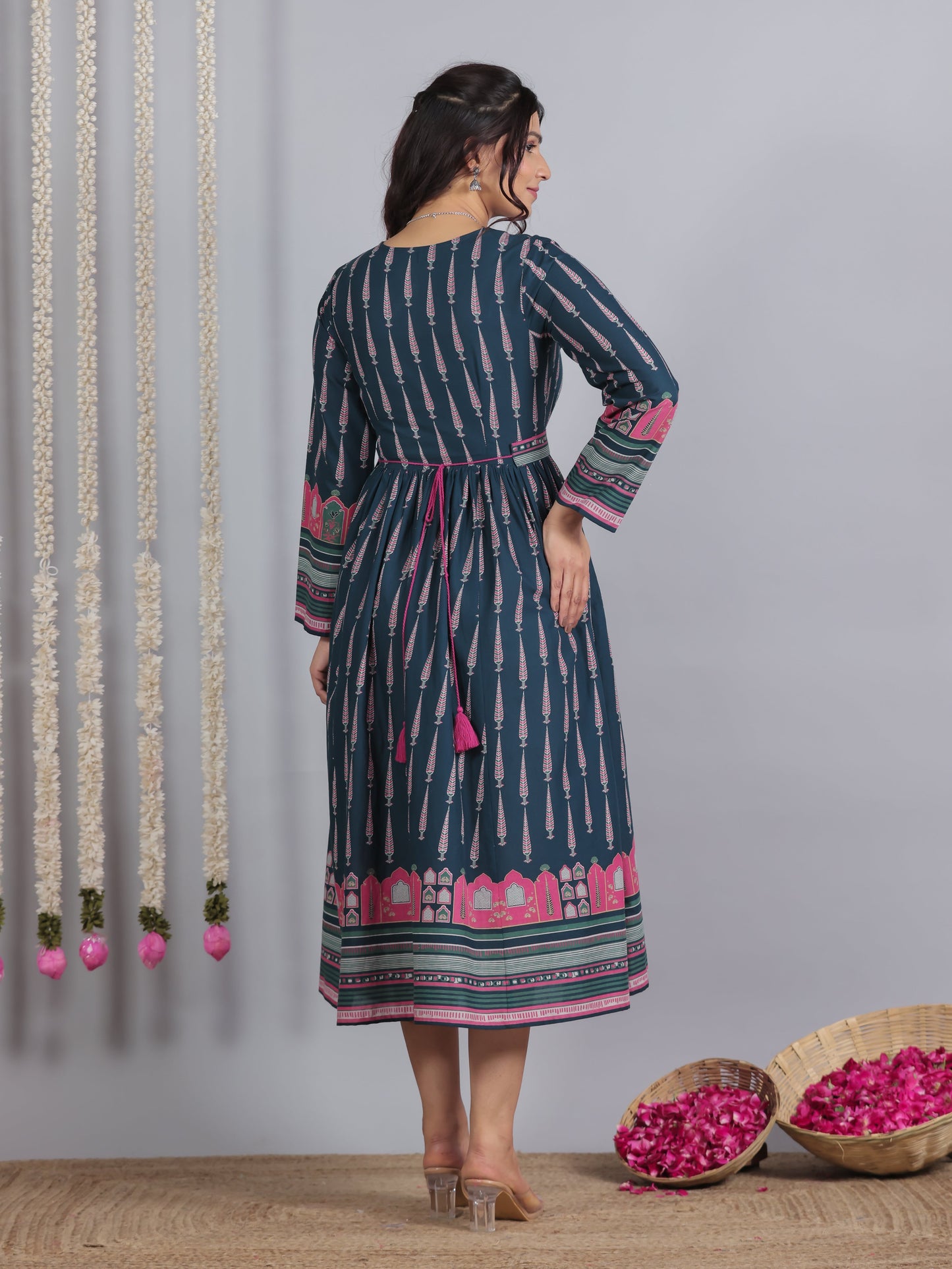 Soft Cotton Mughal Print Anarkali Blue Dress