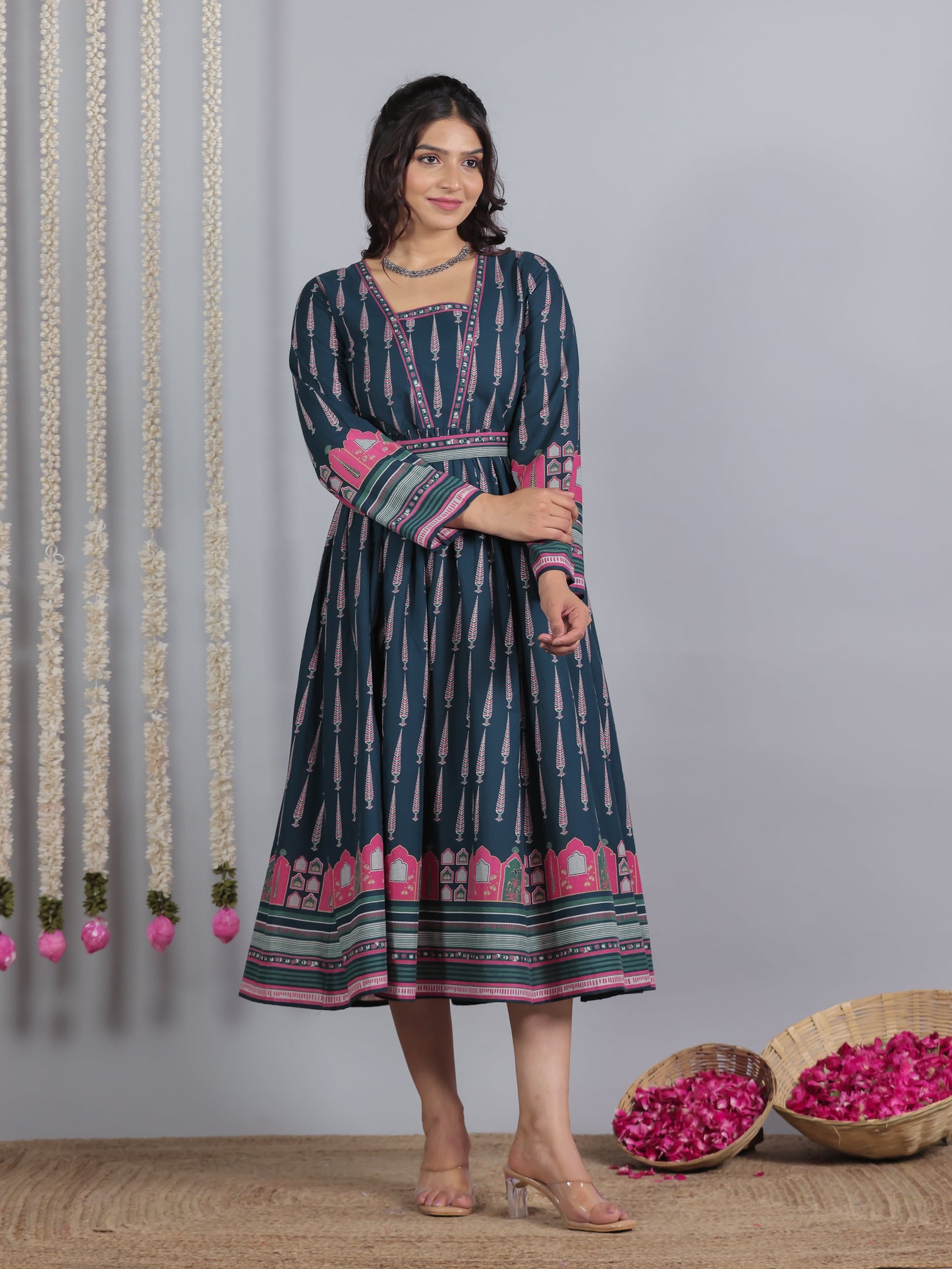 Soft Cotton Mughal Print Anarkali Blue Dress