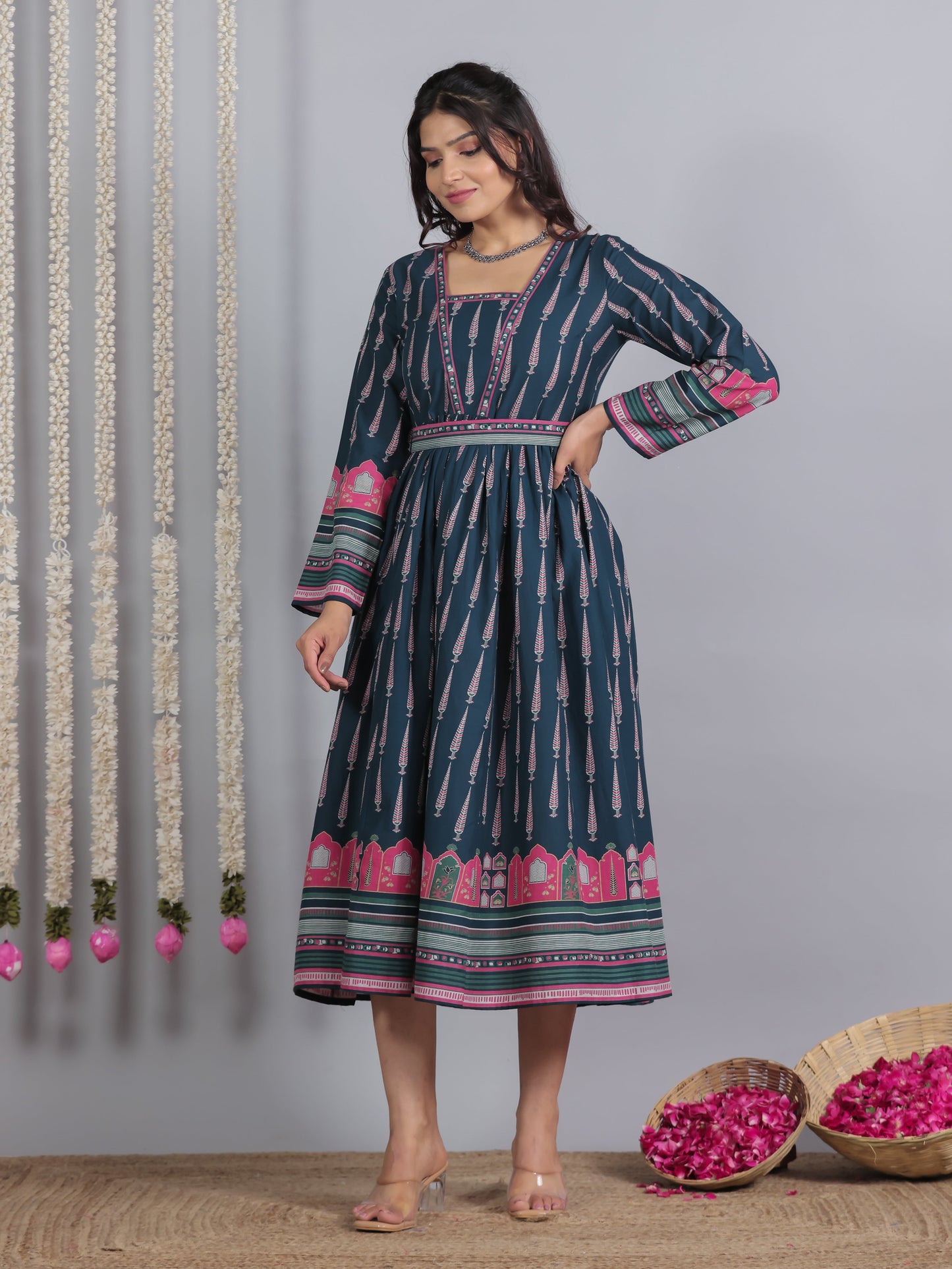 Soft Cotton Mughal Print Anarkali Blue Dress