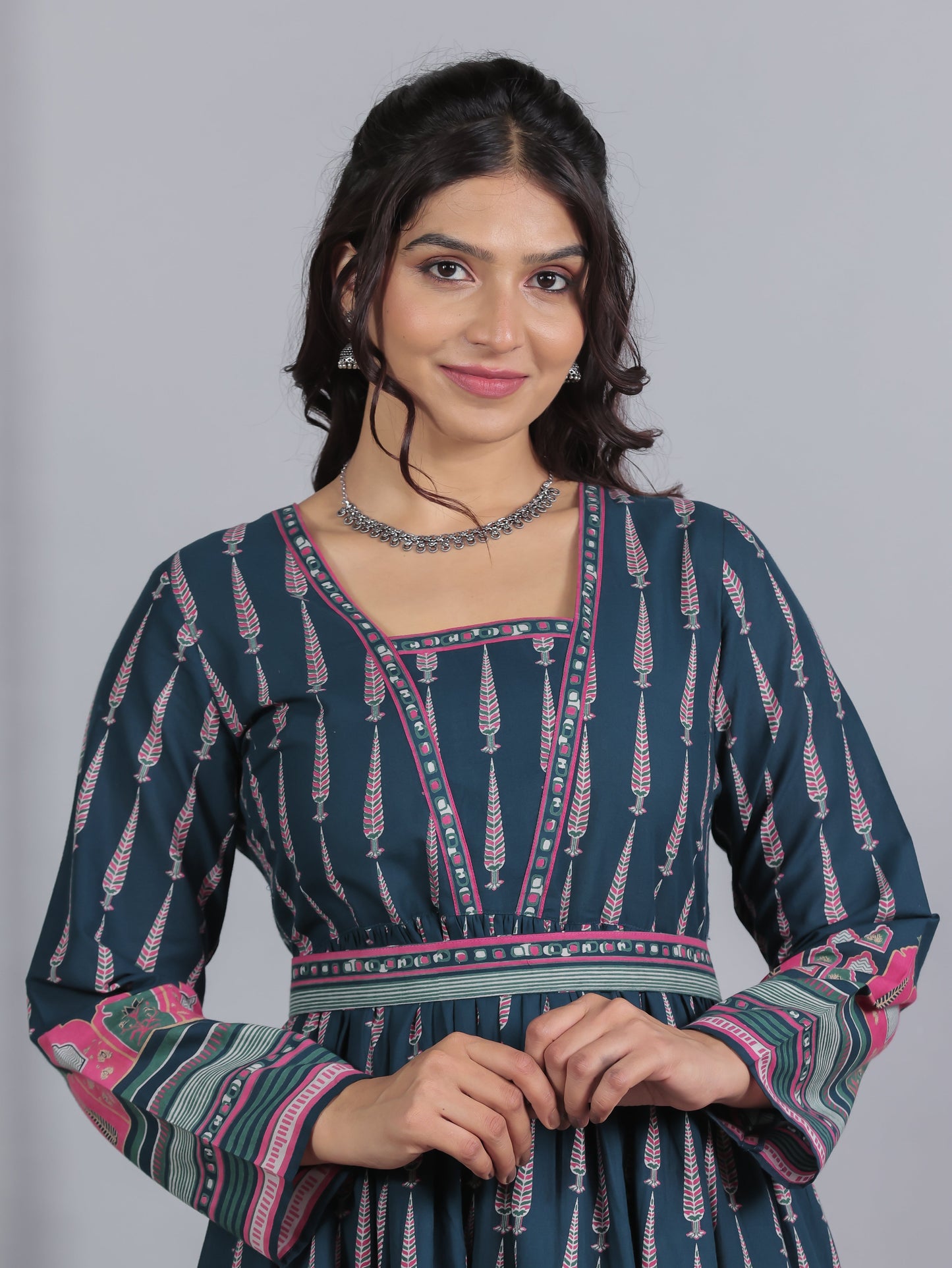 Soft Cotton Mughal Print Anarkali Blue Dress